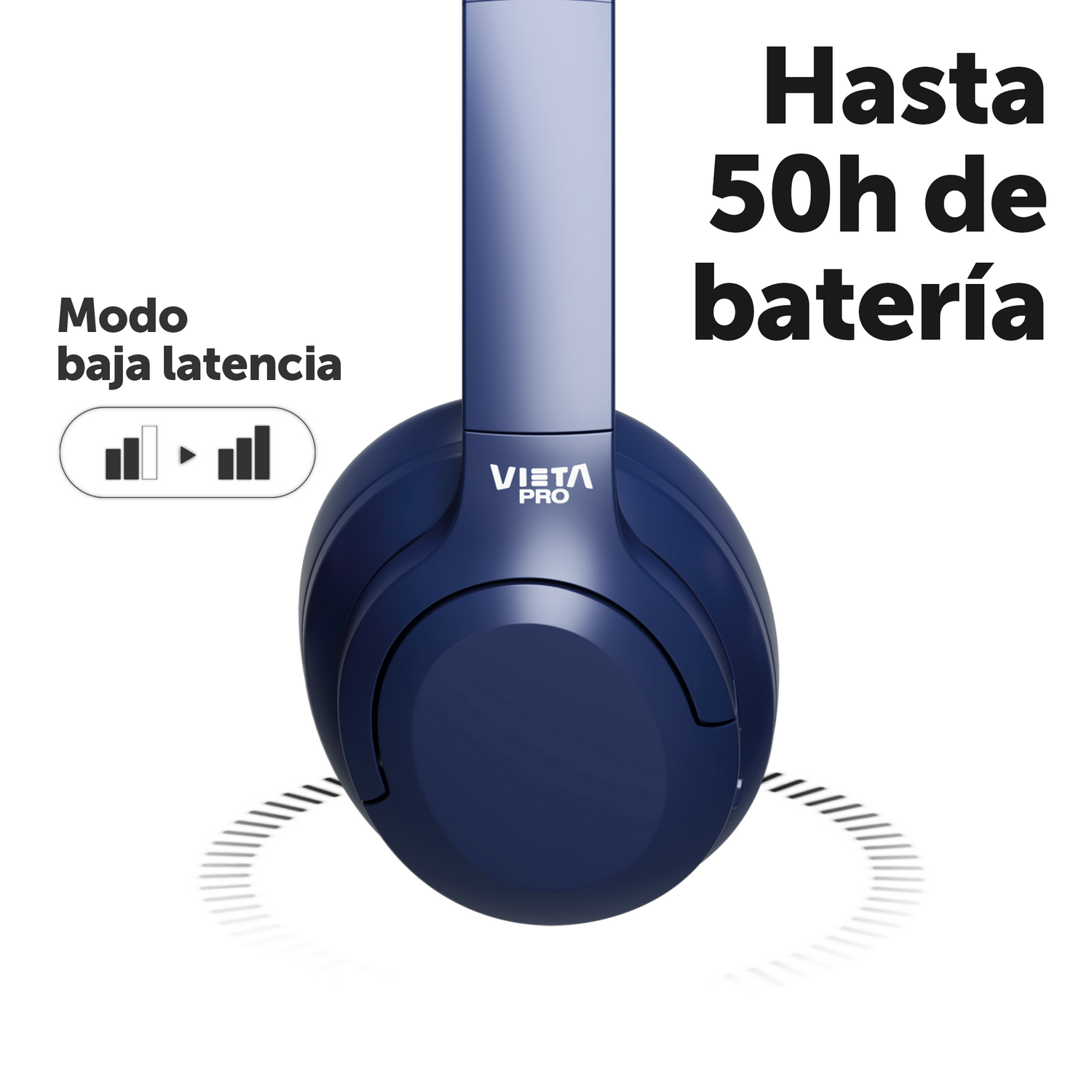 Auriculares azules Vieta Pro con texto que indica modo de baja latencia y 50h de batería.