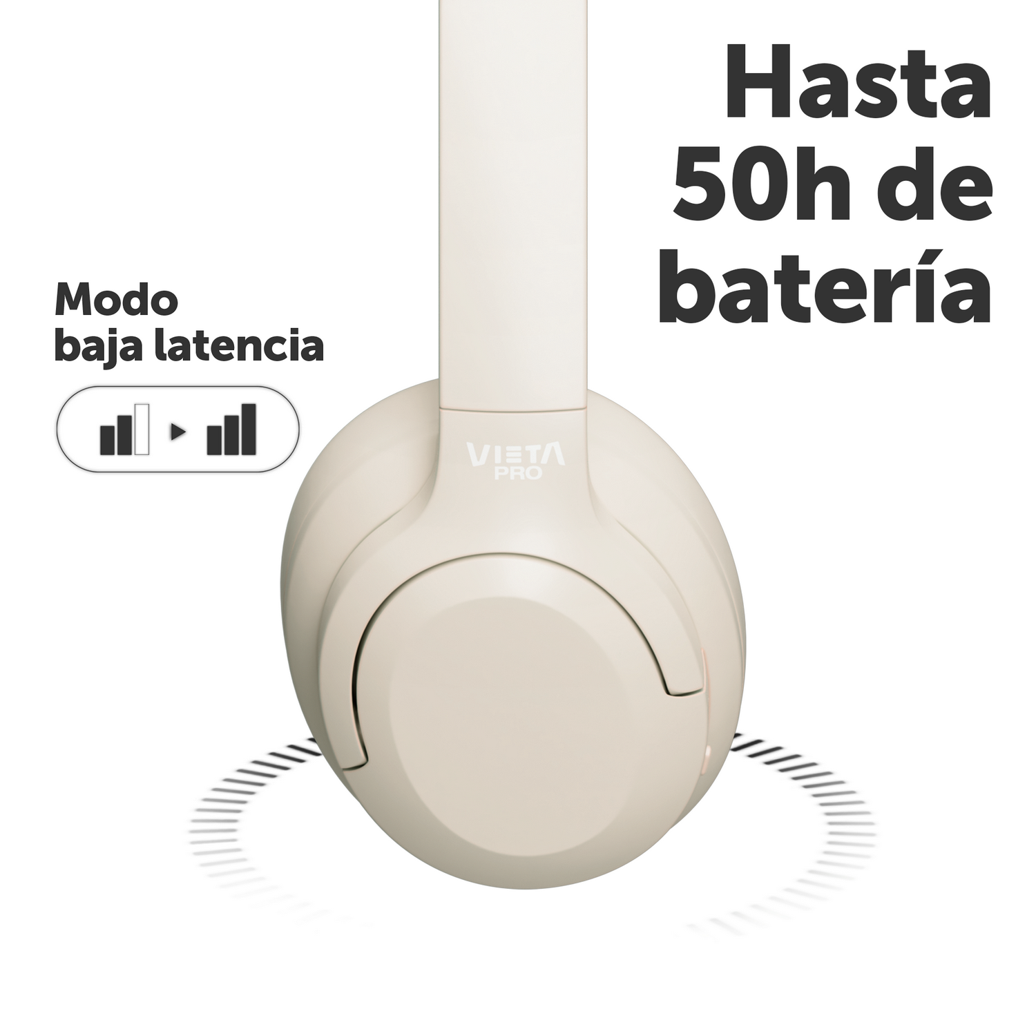 Auriculares beige con texto blanco, símbolo de modo de baja latencia y texto de duración de la batería.