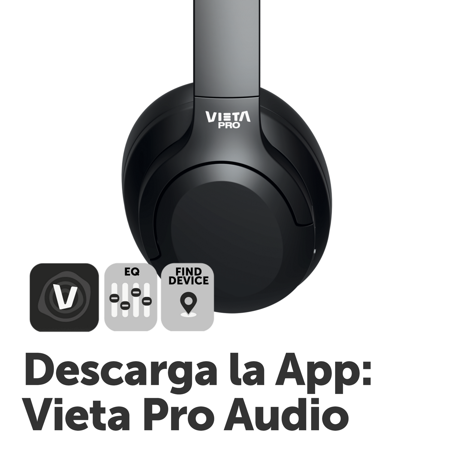 Auriculares negros, con la marca VIETA PRO en la diadema e instrucciones de descarga de la app.