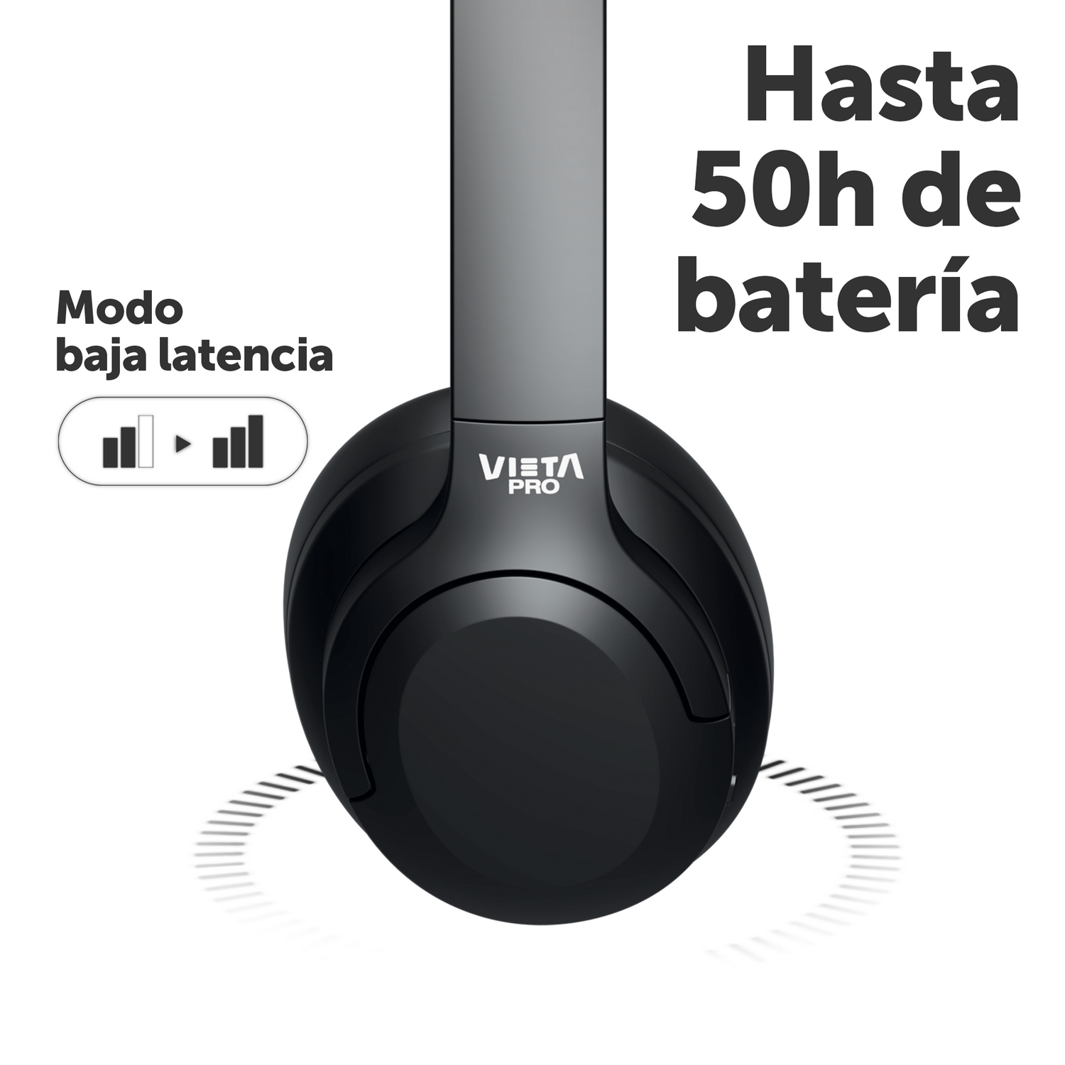 Auriculares negros con la marca VIETA PRO en la diadema, con texto sobre la duración de la batería.