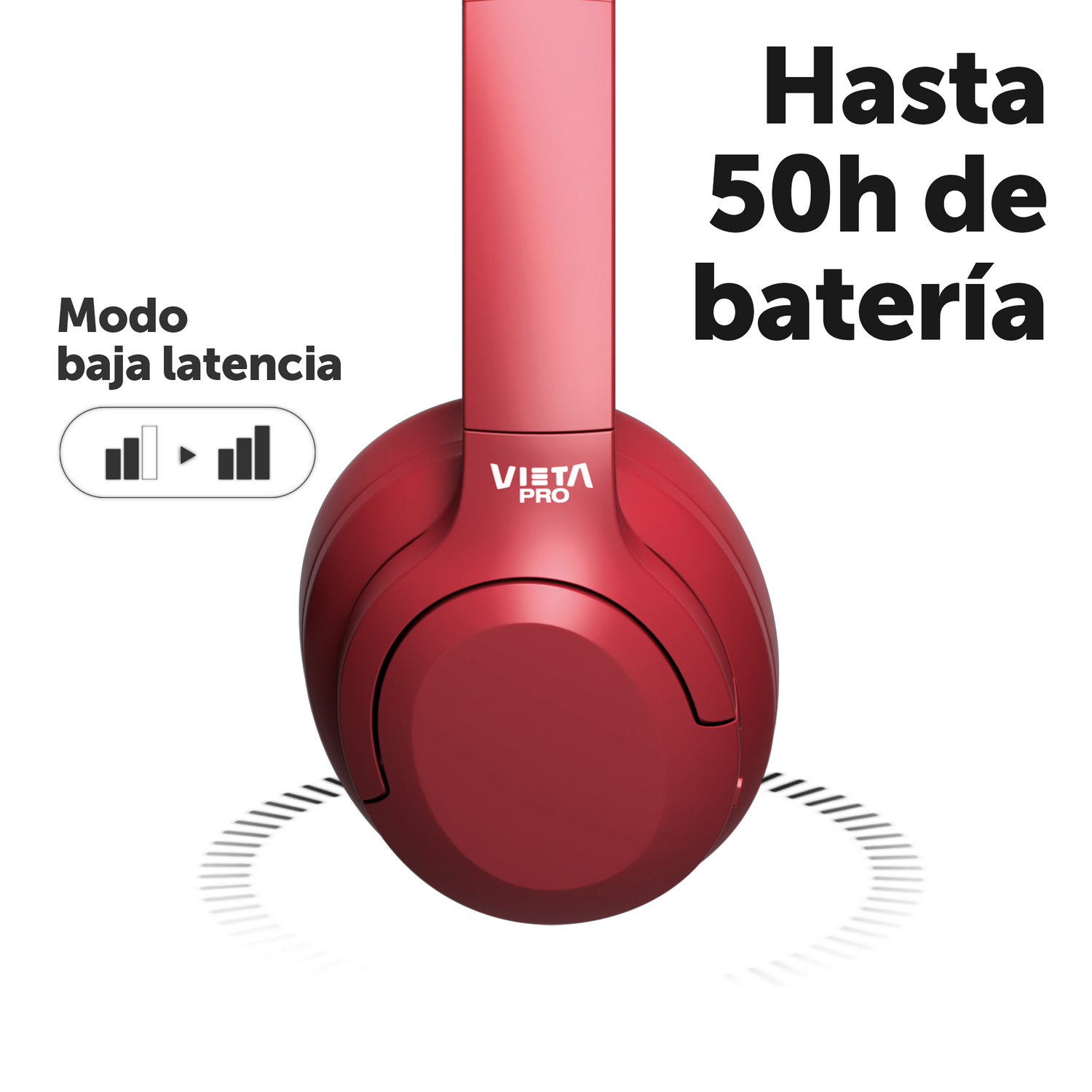 Auriculares rojos con la marca VIETA PRO en la diadema, texto sobre la duración de la batería.