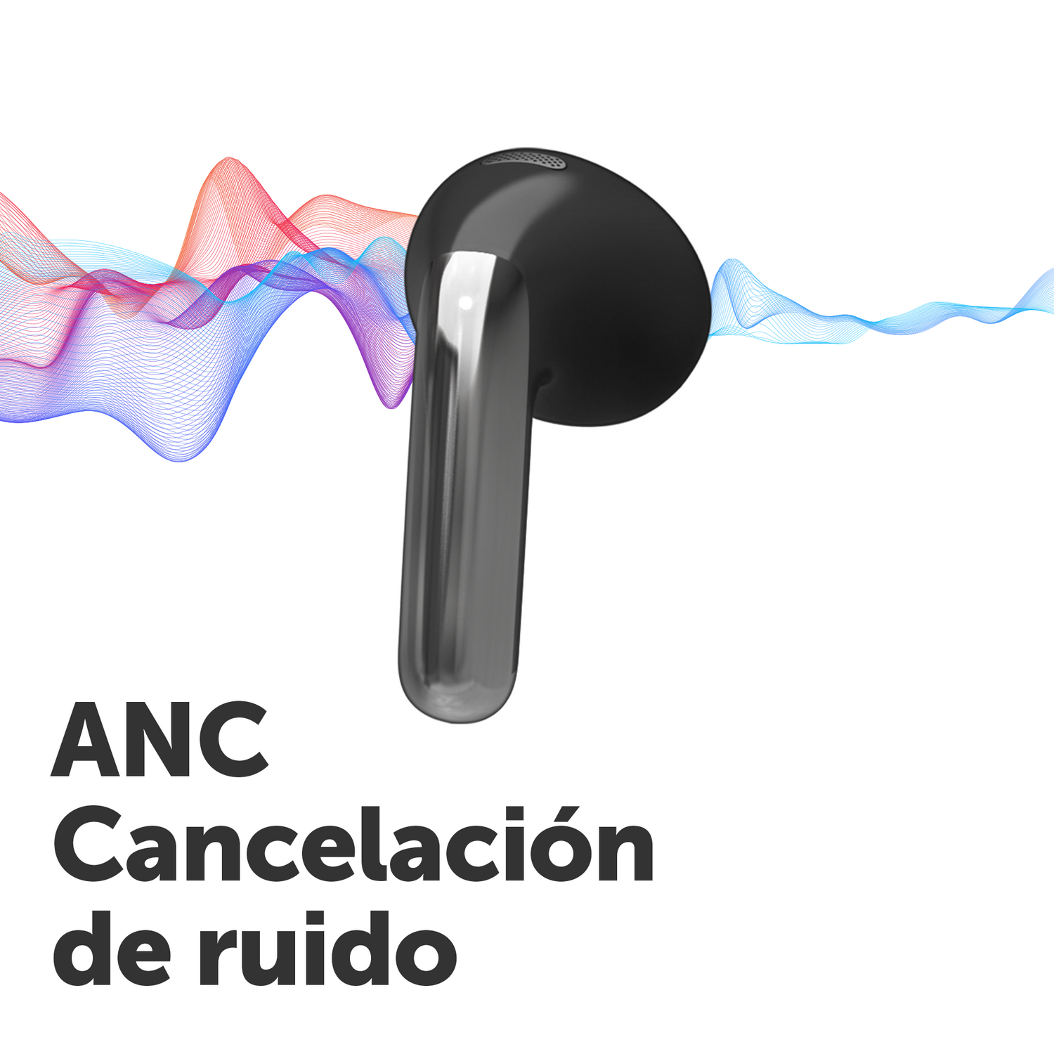 Auricular negro con vástago plateado, gráfico de ondas sonoras y texto sobre cancelación de ruido.