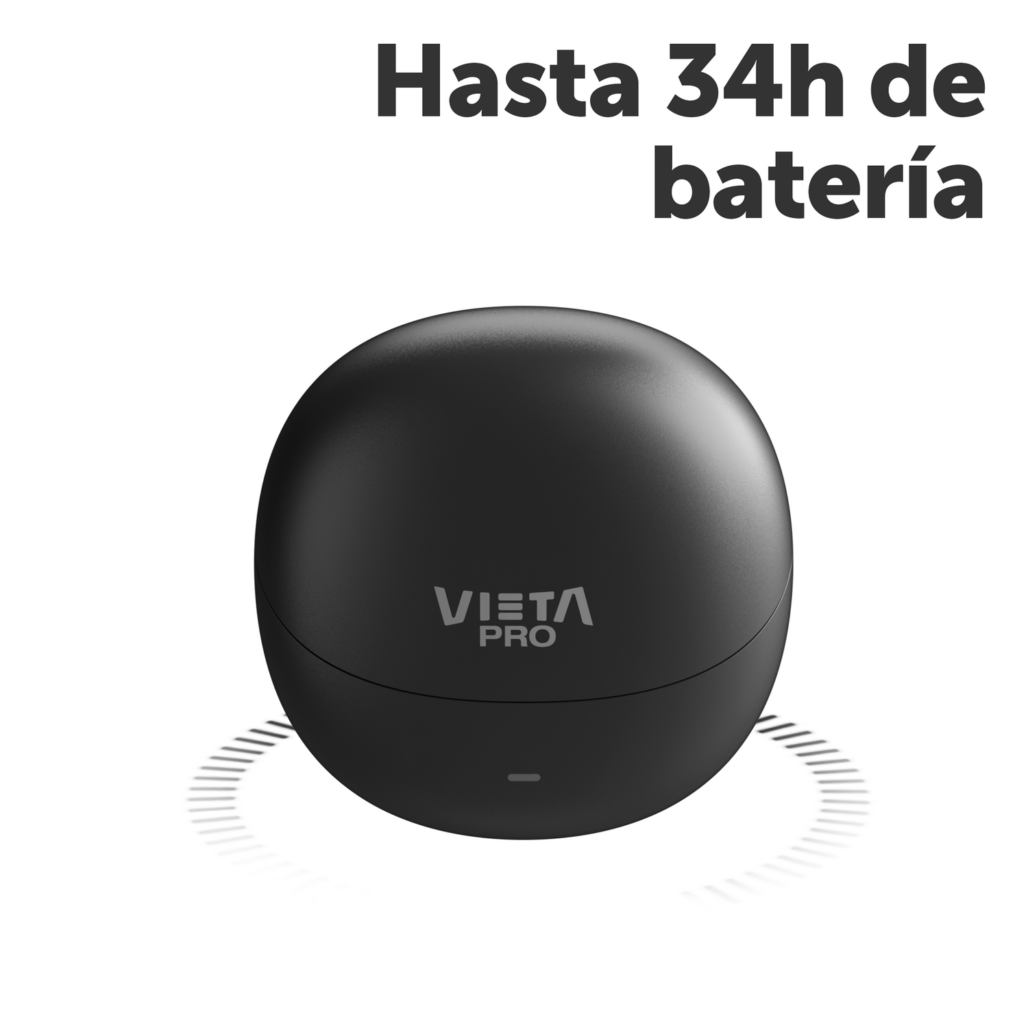 Estuche de auriculares negro con texto que indica hasta 34 horas de duración de la batería e indicador de carga.