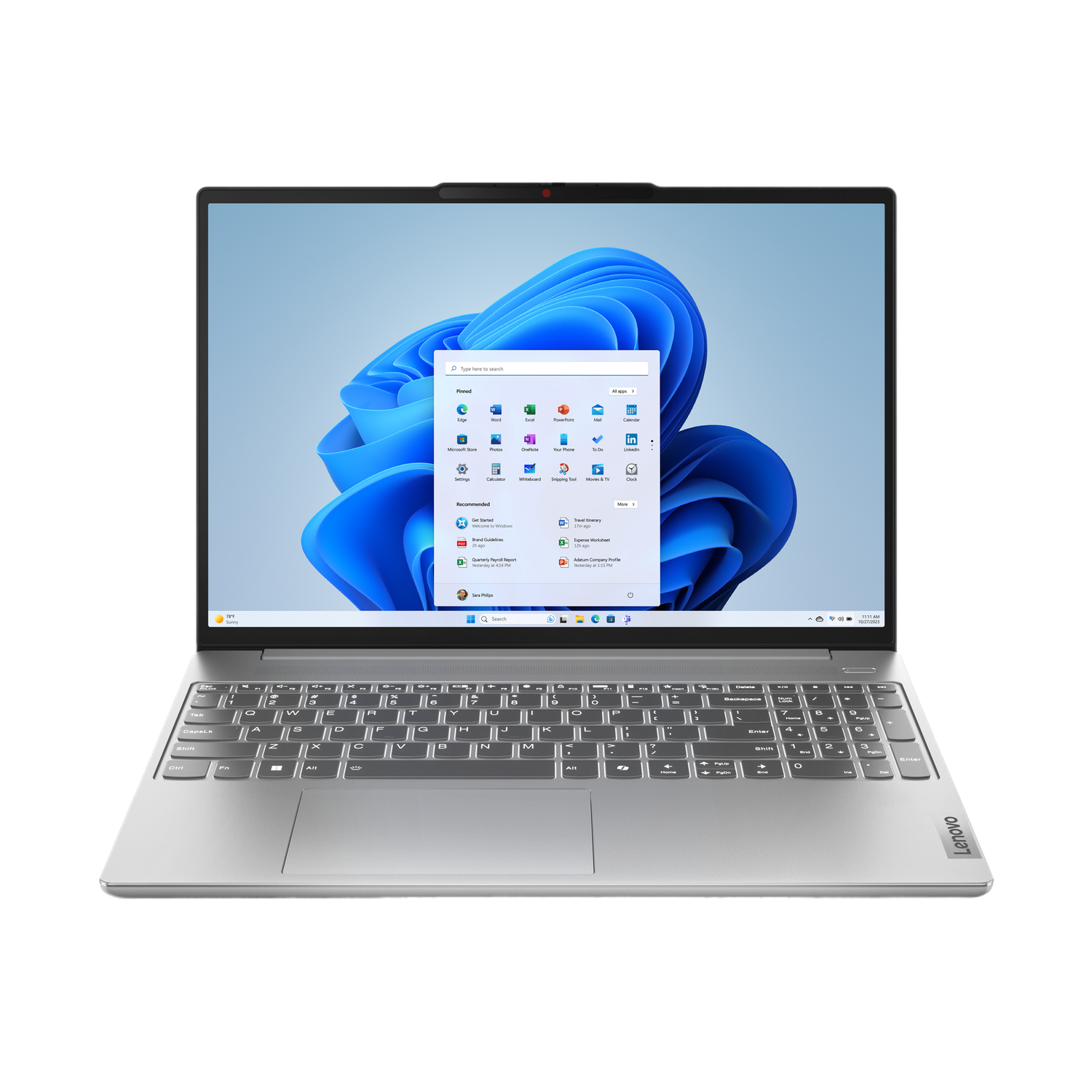 Un ordinateur portable argenté avec une webcam et un clavier. L'écran affiche un écran d'accueil Windows.