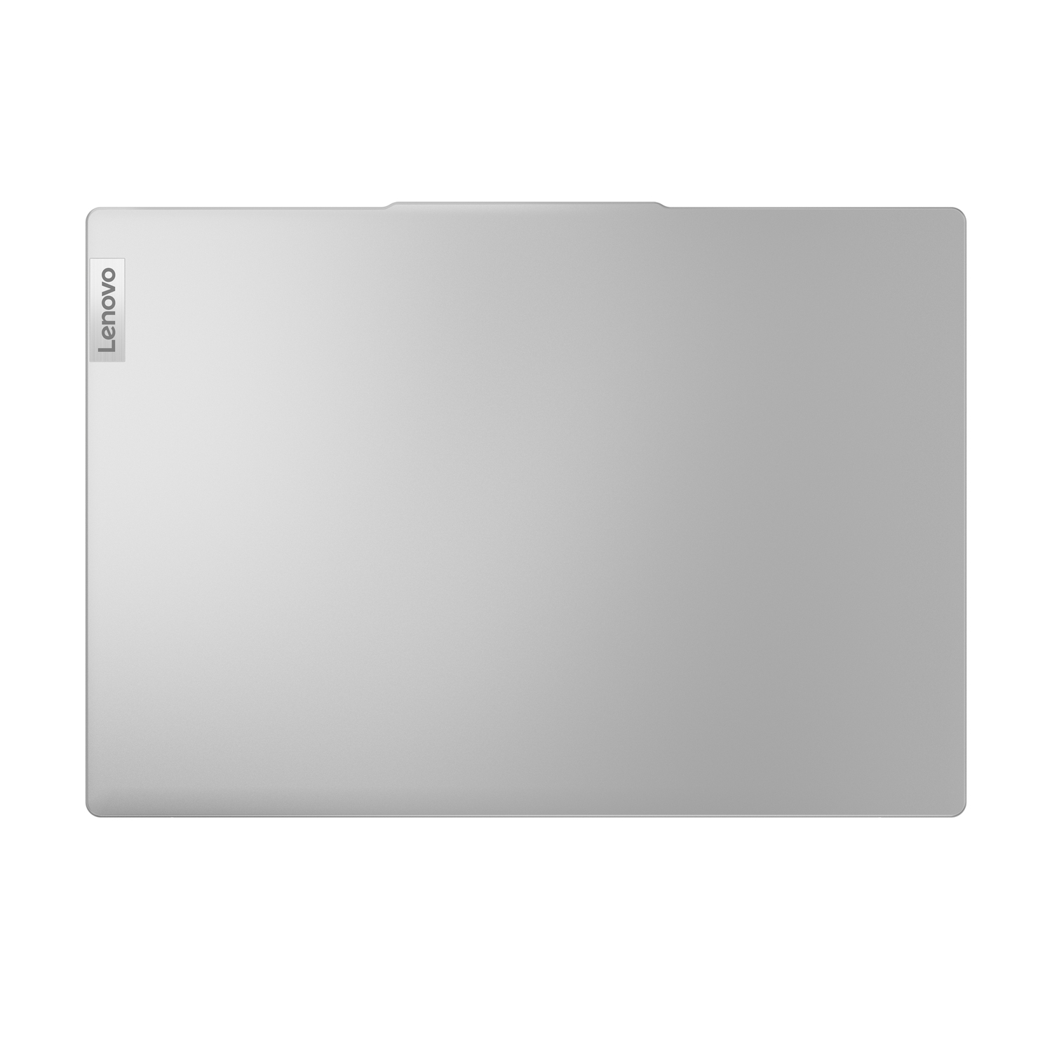 Ordinateur portable Lenovo argenté, vue de dessus. Logo Lenovo en haut à gauche. Surface lisse et réfléchissante.
