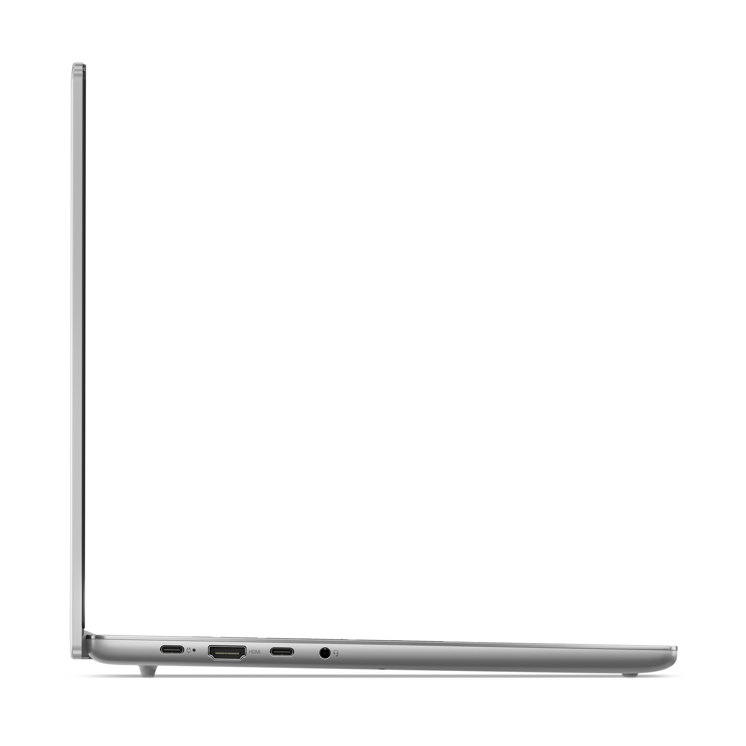 Vue latérale d'un ordinateur portable Lenovo argenté, fermé. Ports visibles. Fond blanc.