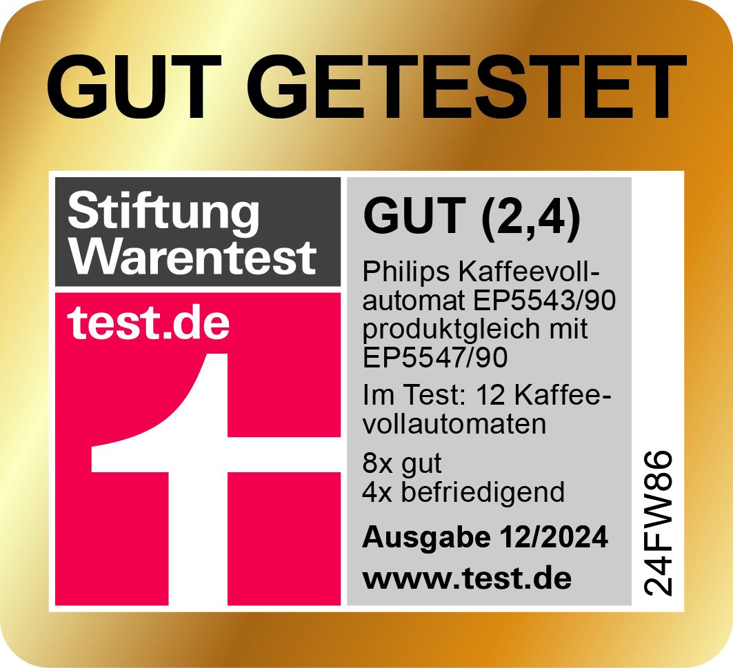 Gut getestet. Gut (2,4). Philips Kaffeevollautomat EP5543/90, identisch EP5547/90. 12 Maschinen getestet.
