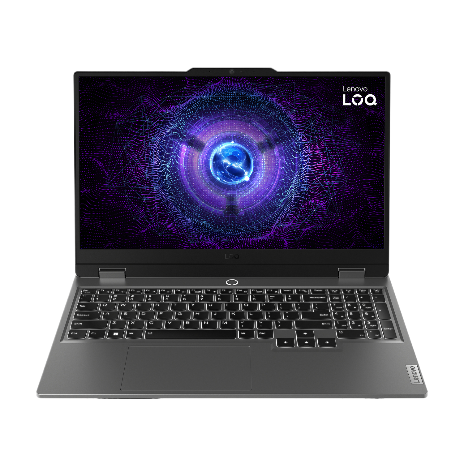 Ordinateur portable Lenovo ouvert sur fond noir. L'écran affiche un graphique avec un centre bleu et violet.