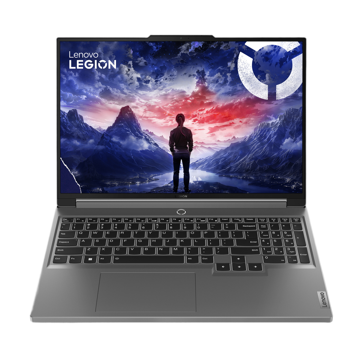 Lenovo Legion laptop met een game-scène met een figuur op een berg.