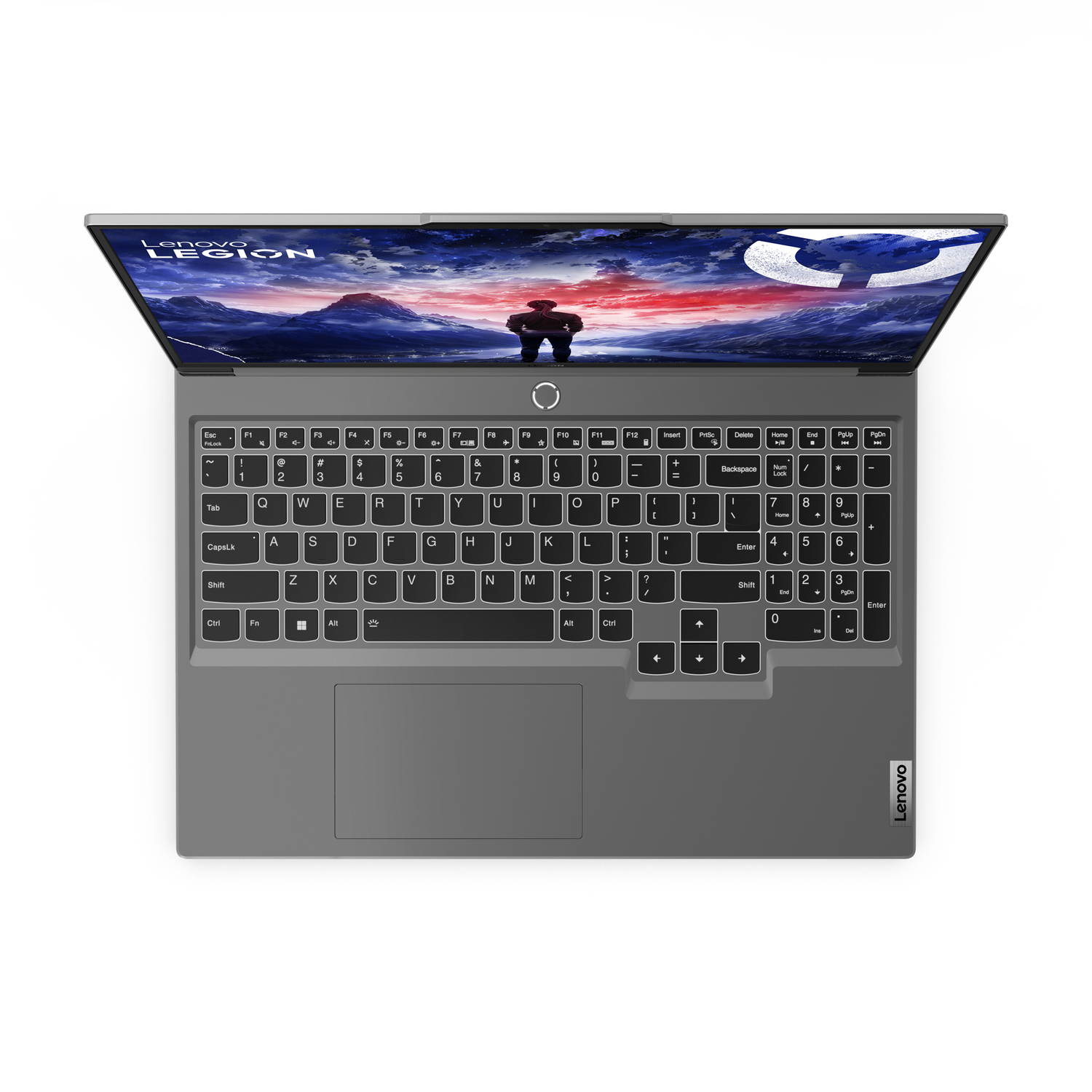 Bovenaanzicht van een open Lenovo Legion laptop.