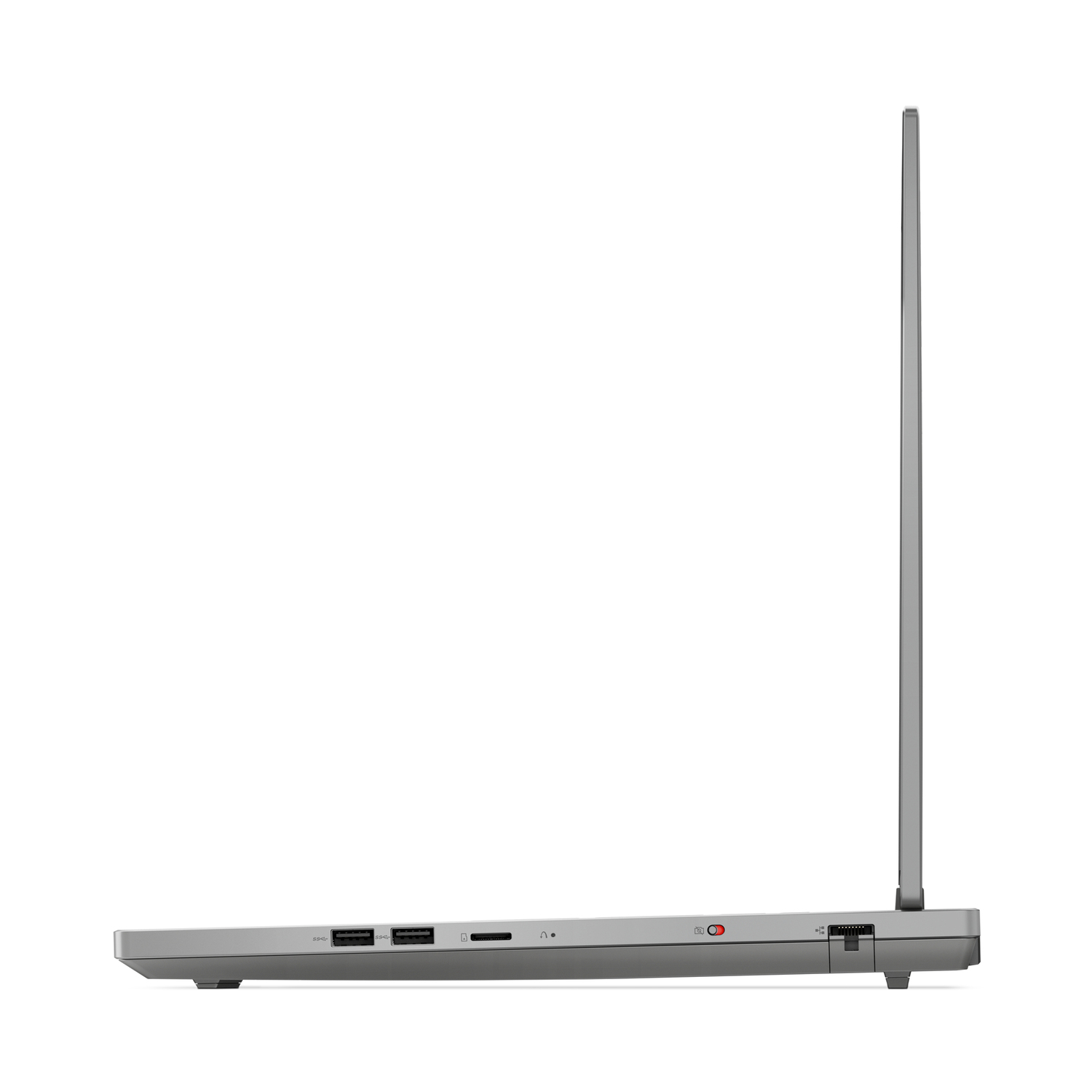 Zijaanzicht van grijze laptop, open. Poorten zichtbaar. Witte achtergrond.