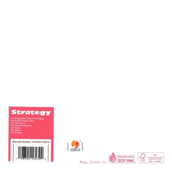 Buchcover mit Titel 'Strategy' und Trackliste. Rotes und weißes Design. Sojatinte-Logo. Weißer Hintergrund.