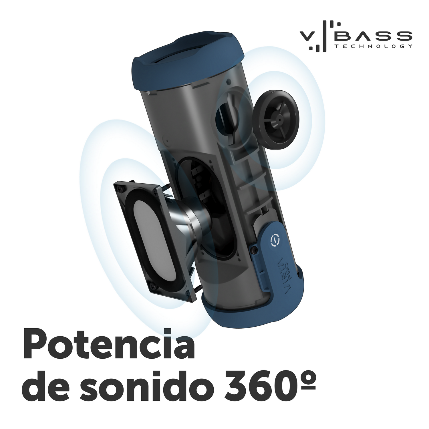 Corte de altavoz con texto: Potencia de sonido 360º y Tecnología V-Bass.