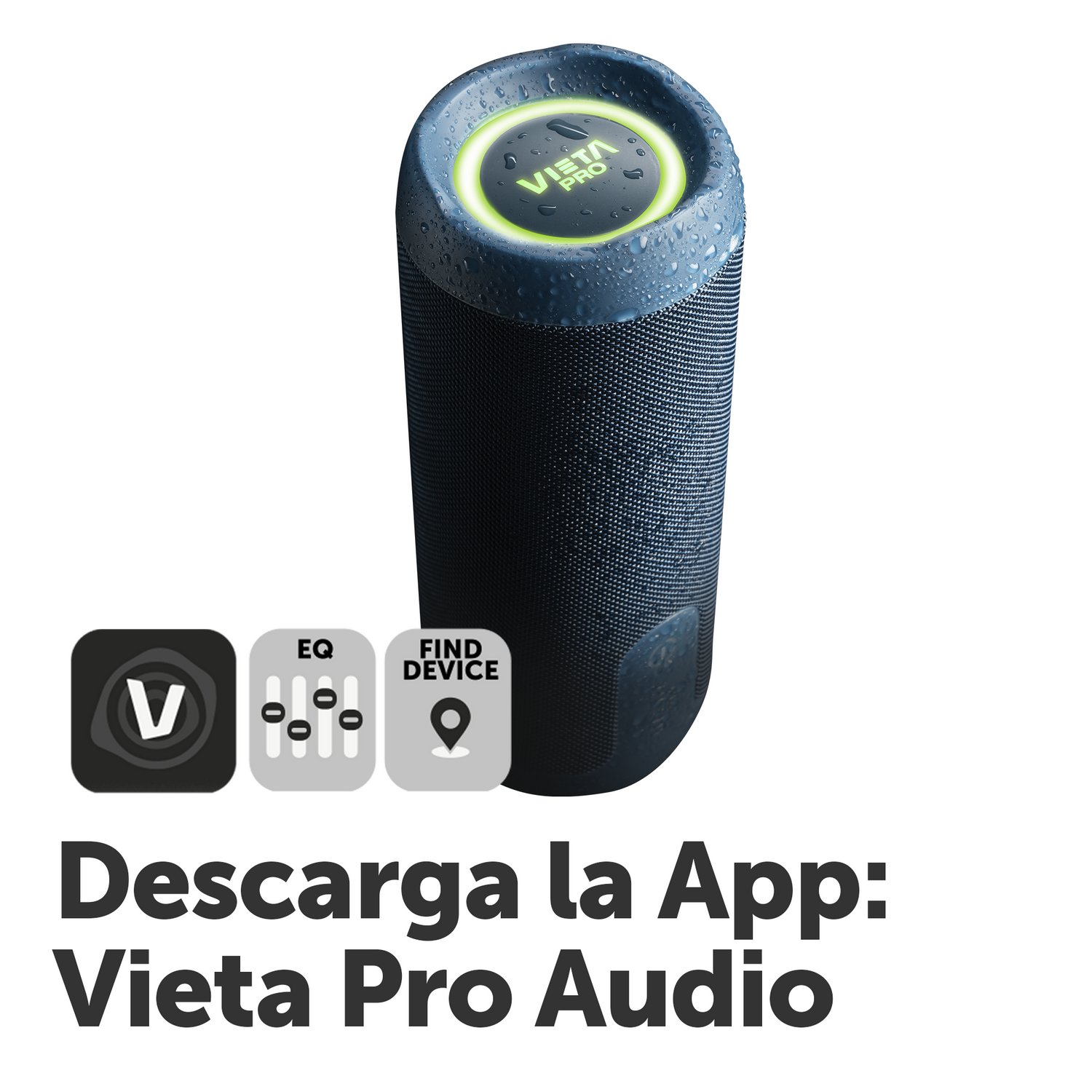 Altavoz azul y negro con un icono negro de la aplicación Vieta Pro.