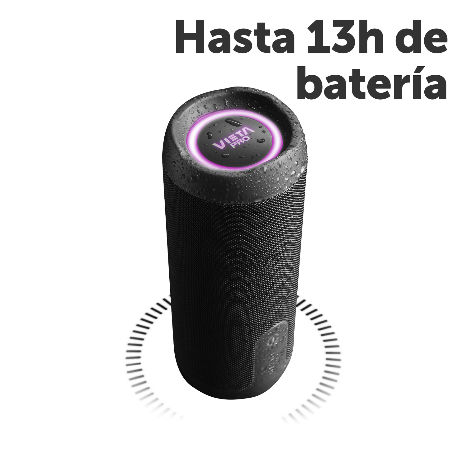 Altavoz con texto: Hasta 13h de bateria y logotipo de Vieta Pro en la parte superior.