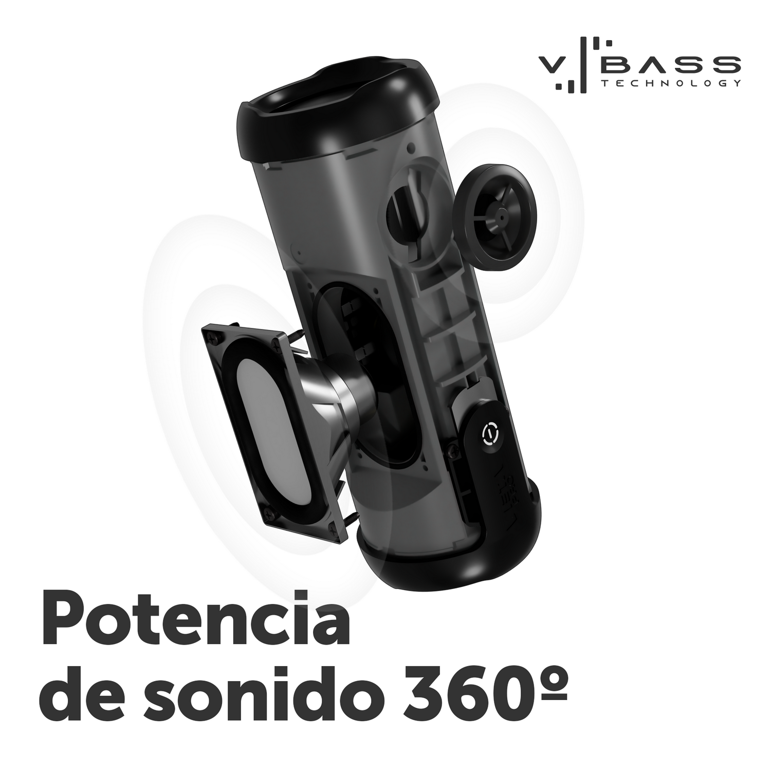 Corte de altavoz con texto: Potencia de sonido 360º y Tecnología V-Bass.