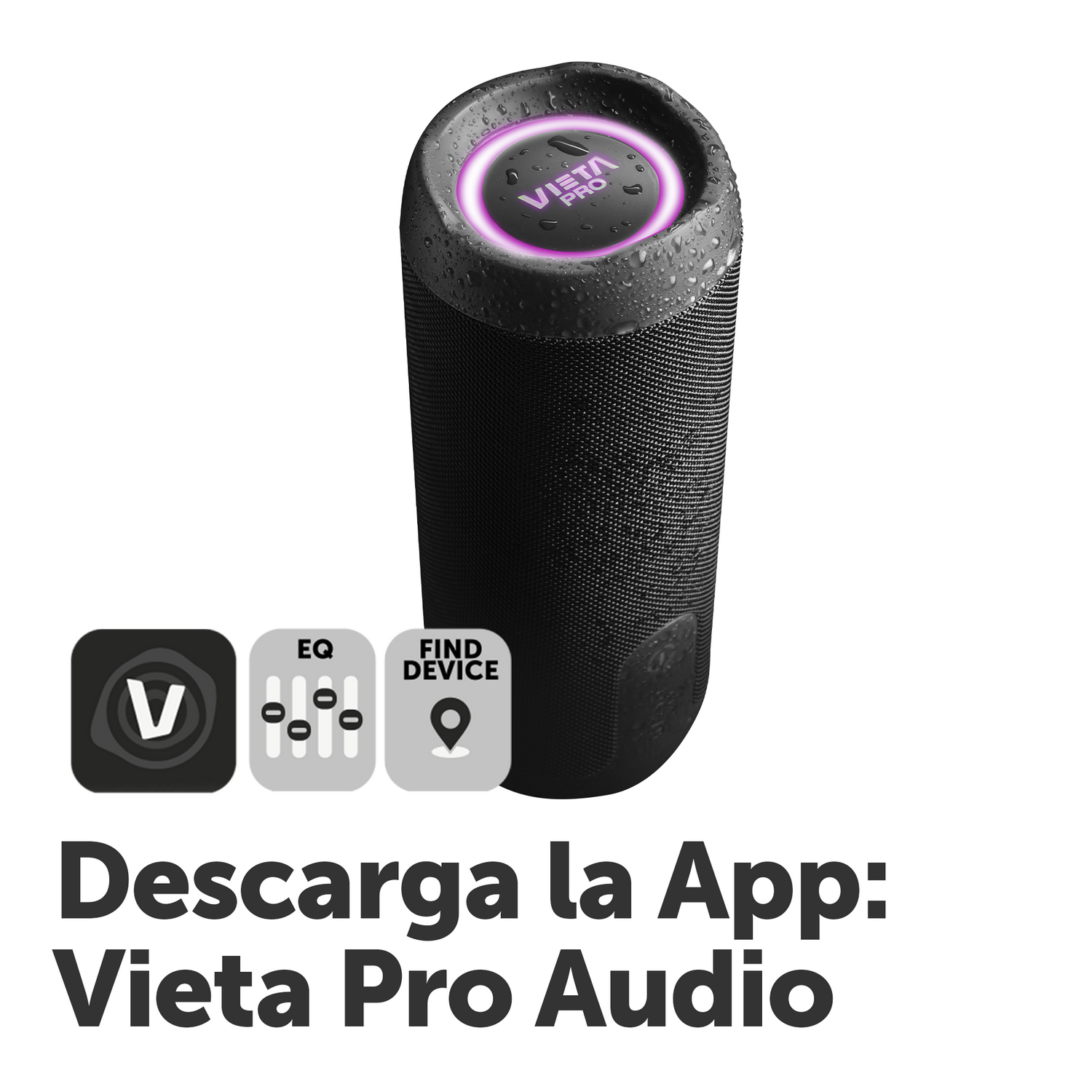 Altavoz con texto: Descarga la App: Vieta Pro Audio y algunos iconos de aplicaciones.