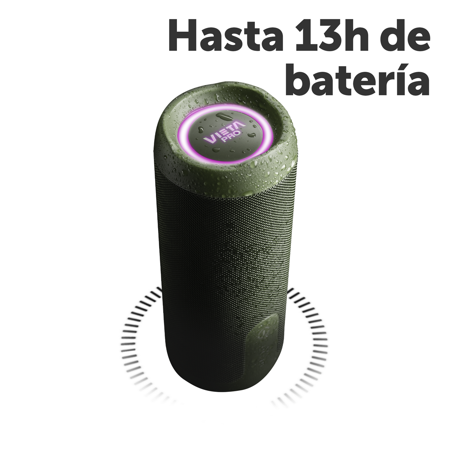 Un altavoz Vista Pro verde y negro con una luz púrpura.