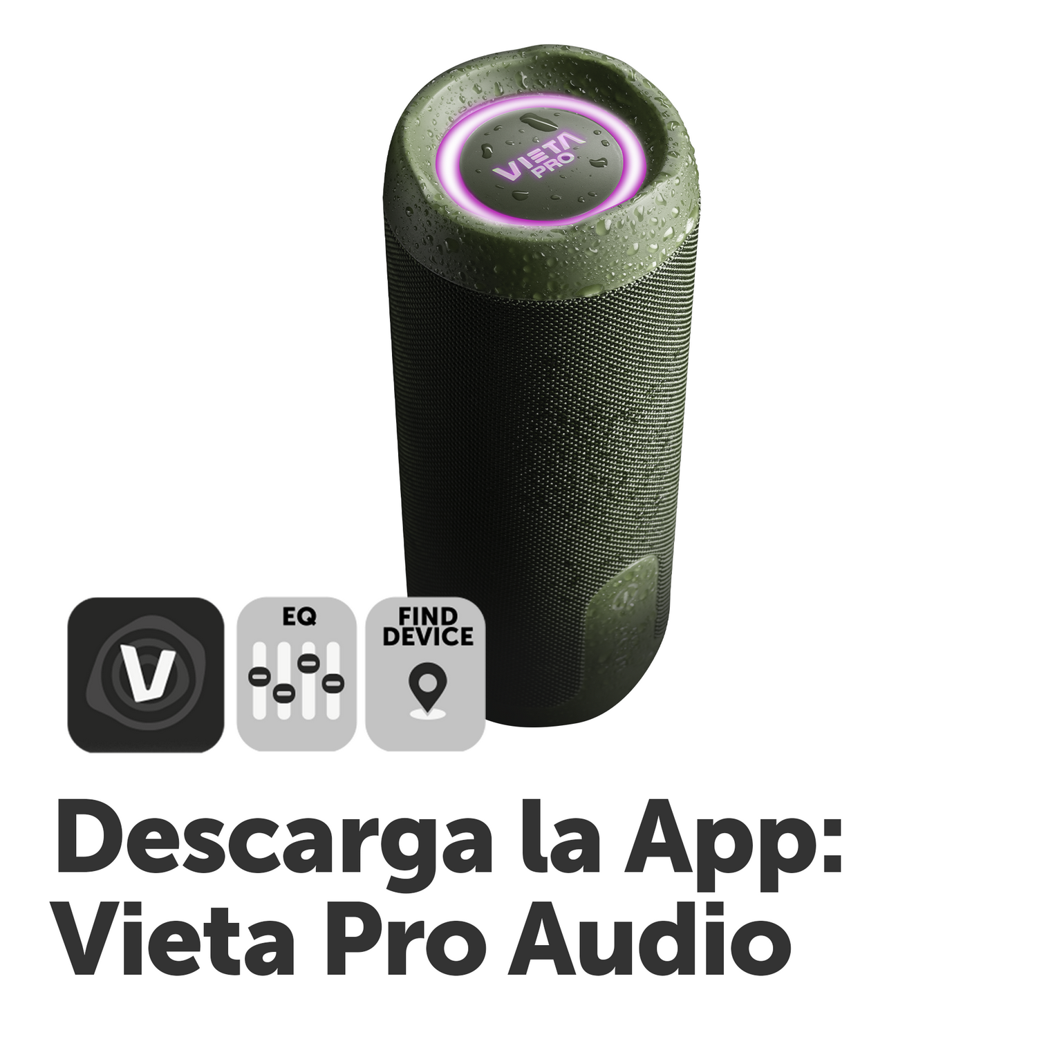 Un altavoz verde con una luz morada y un icono de aplicación de teléfono.
