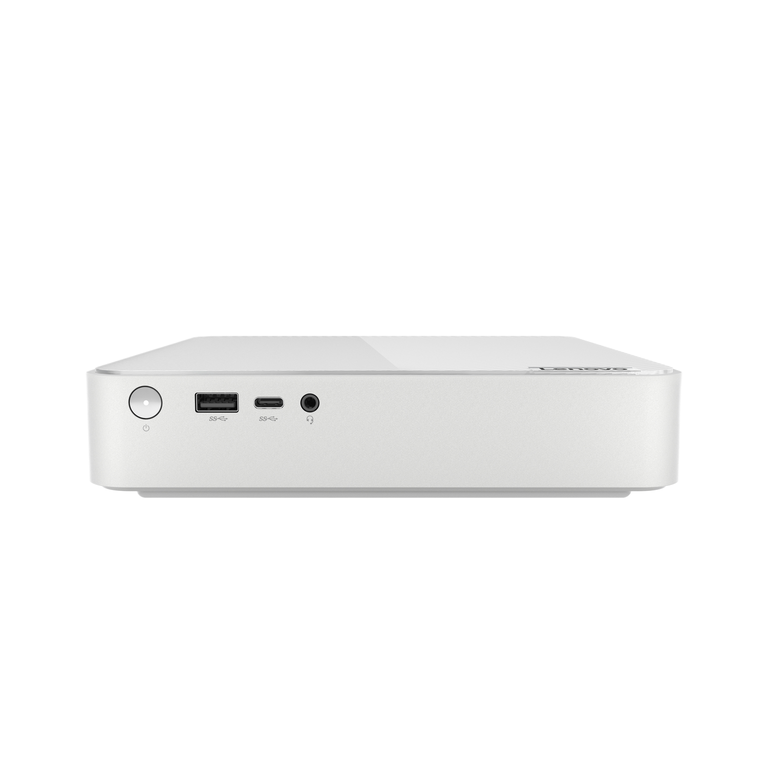 Un ordinateur blanc et compact avec quelques ports à l'avant. Logo Lenovo visible.