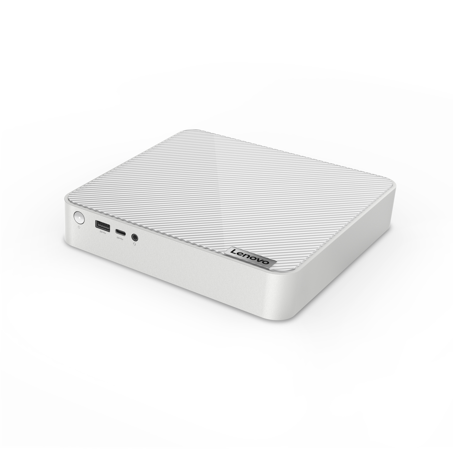 Ordinateur Lenovo blanc. Vue en angle, montrant le dessus et le côté. Fond blanc.