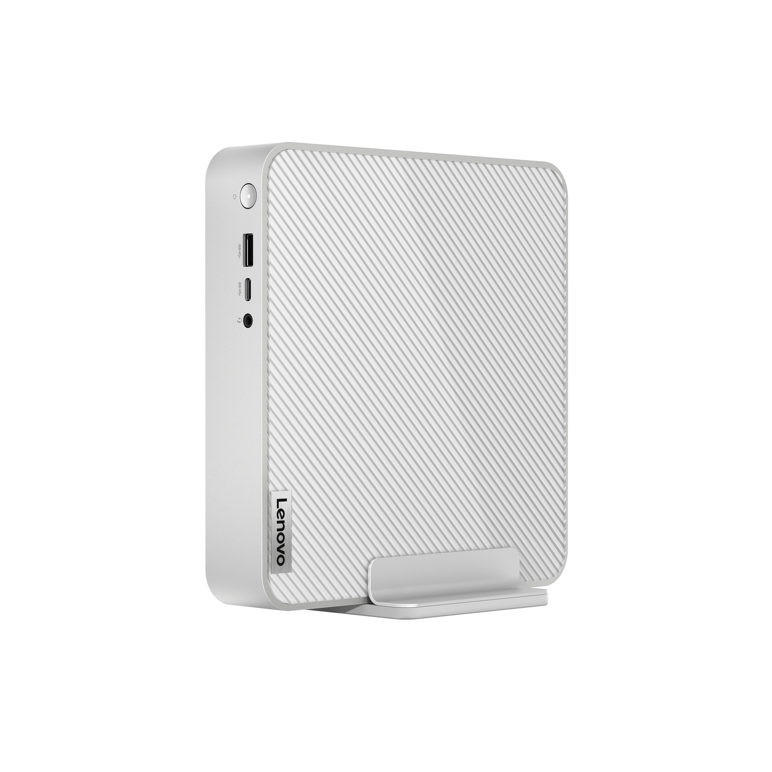 Ordinateur Lenovo blanc. Vue en angle, posé sur un support. Fond blanc.