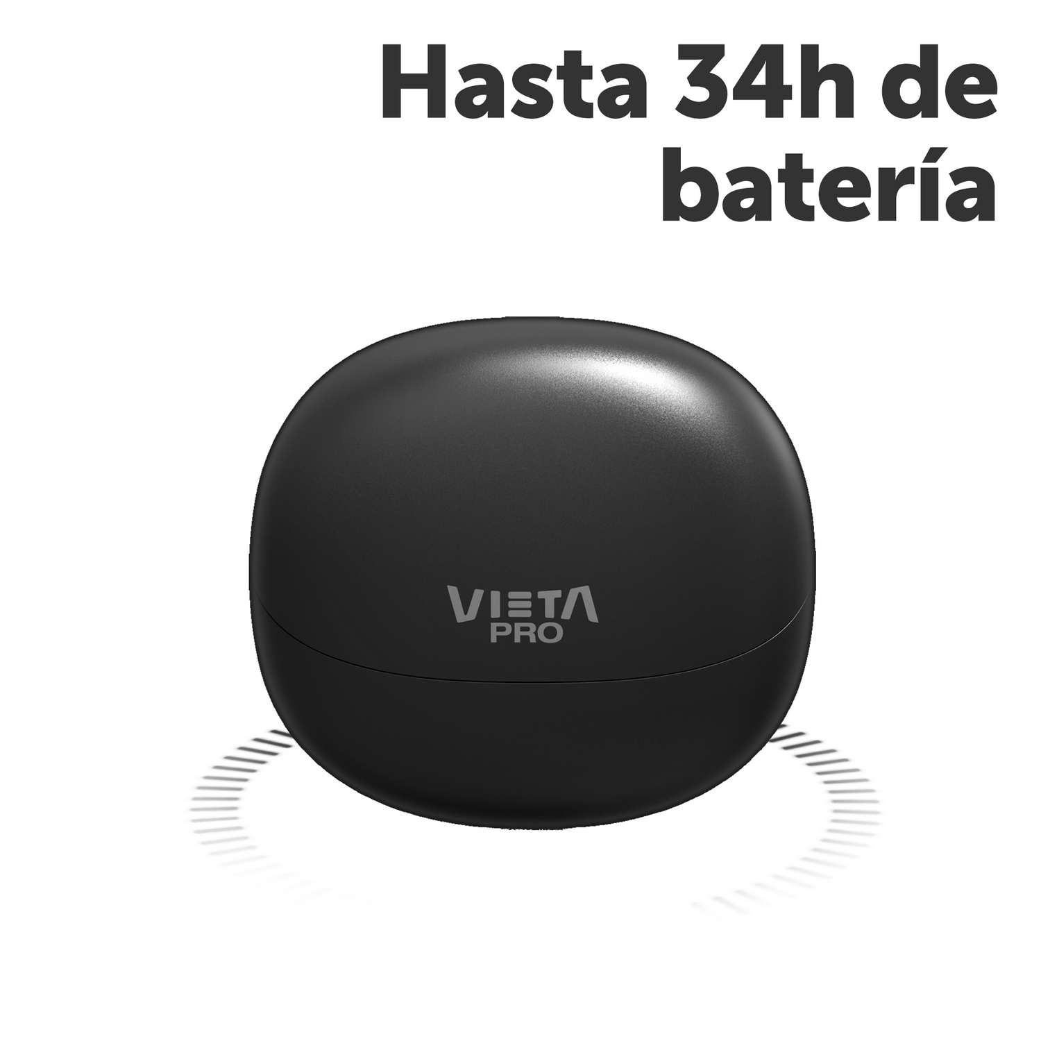Funda de auricular circular negra con texto "Hasta 34h de batería".