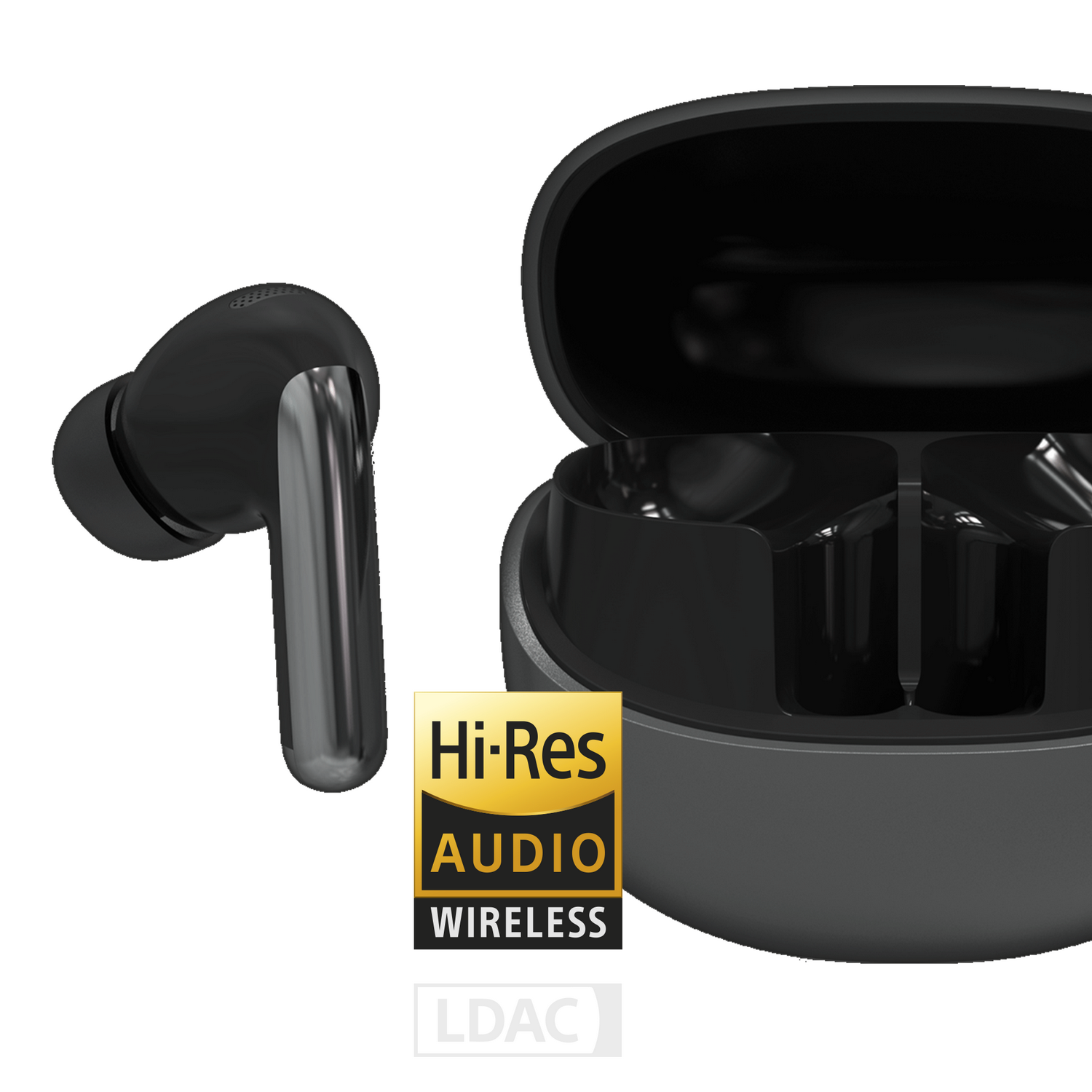 Auriculares inalámbricos negros en estuche de carga con pegatina Hi-Res Audio. Fondo blanco.
