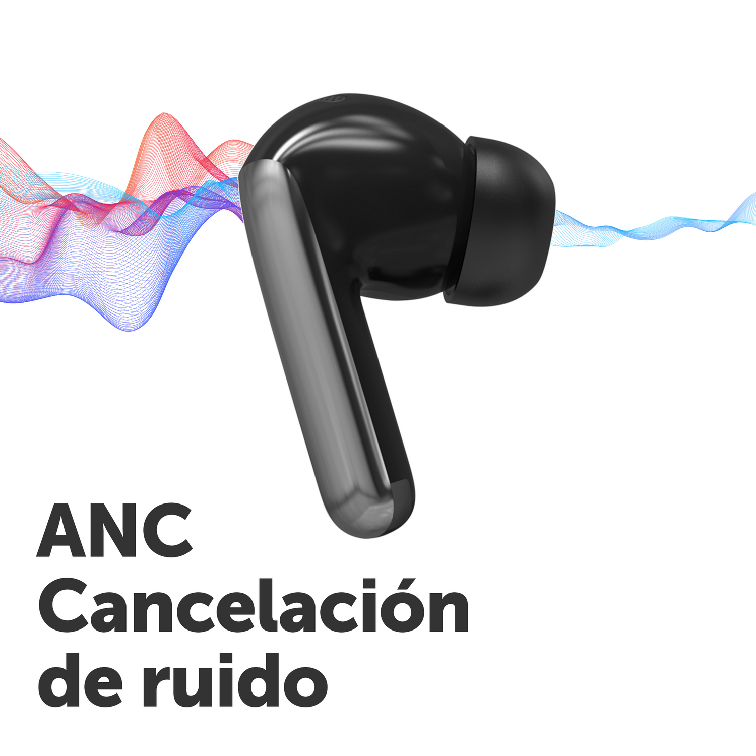 Auricular negro con vástago plateado, texto 'ANC Cancelación de ruido' y líneas azules y rojas.