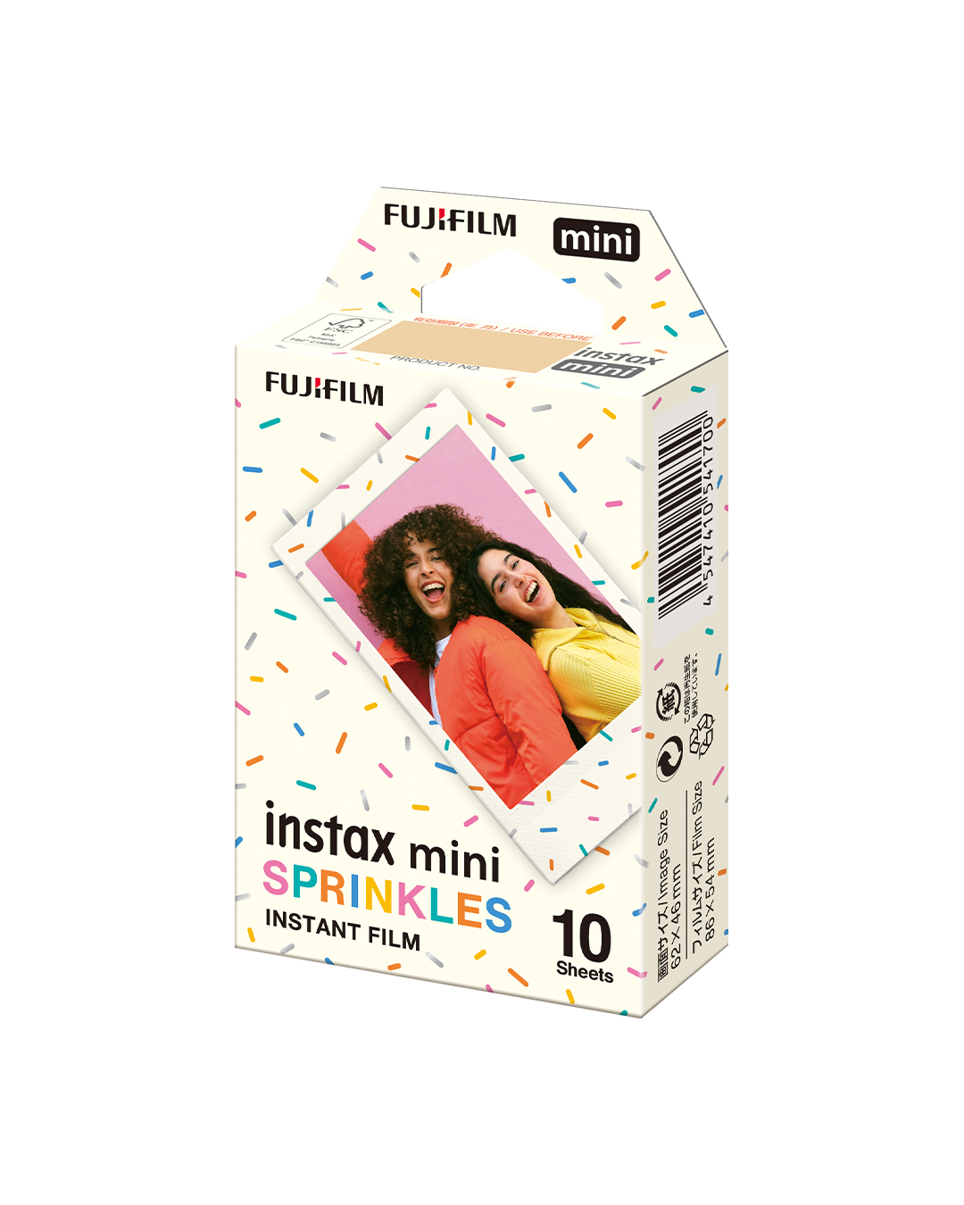 Kutu açık iki kişi ve renkli serpmeler gösteren instax mini film kutusu.