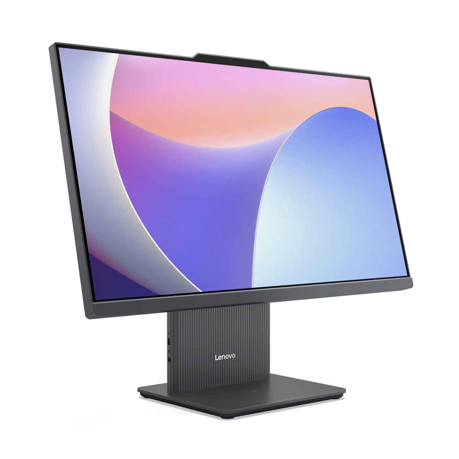 A Lenovo computer monitor on a white background. It has a dark gray base and screen.