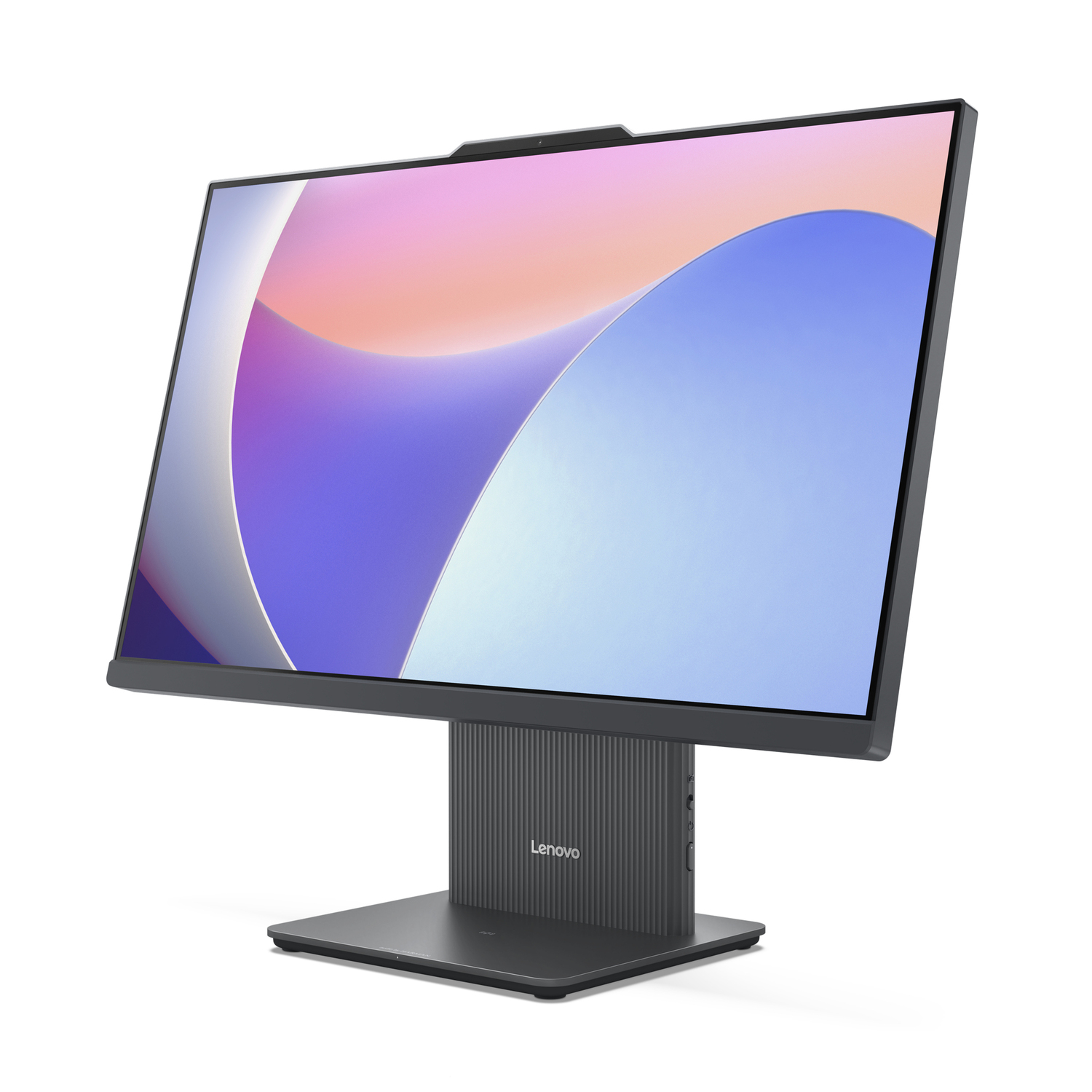 A gray Lenovo all-in-one computer with a curved screen and a built-in webcam.