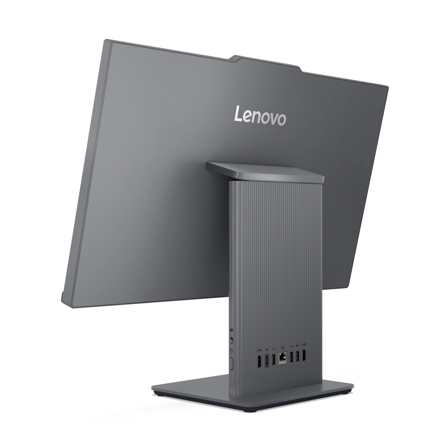 Gray Lenovo computer monitor, back view with Lenovo written on it. White background.