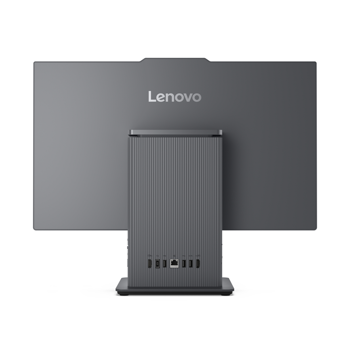 Gray Lenovo computer monitor, back view with Lenovo written on it. White background.