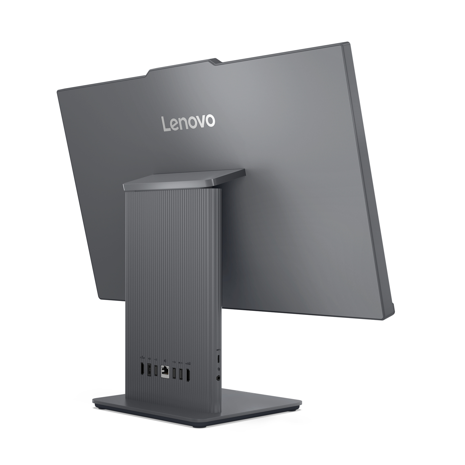 Gray Lenovo computer monitor, back view with Lenovo written on it. White background.