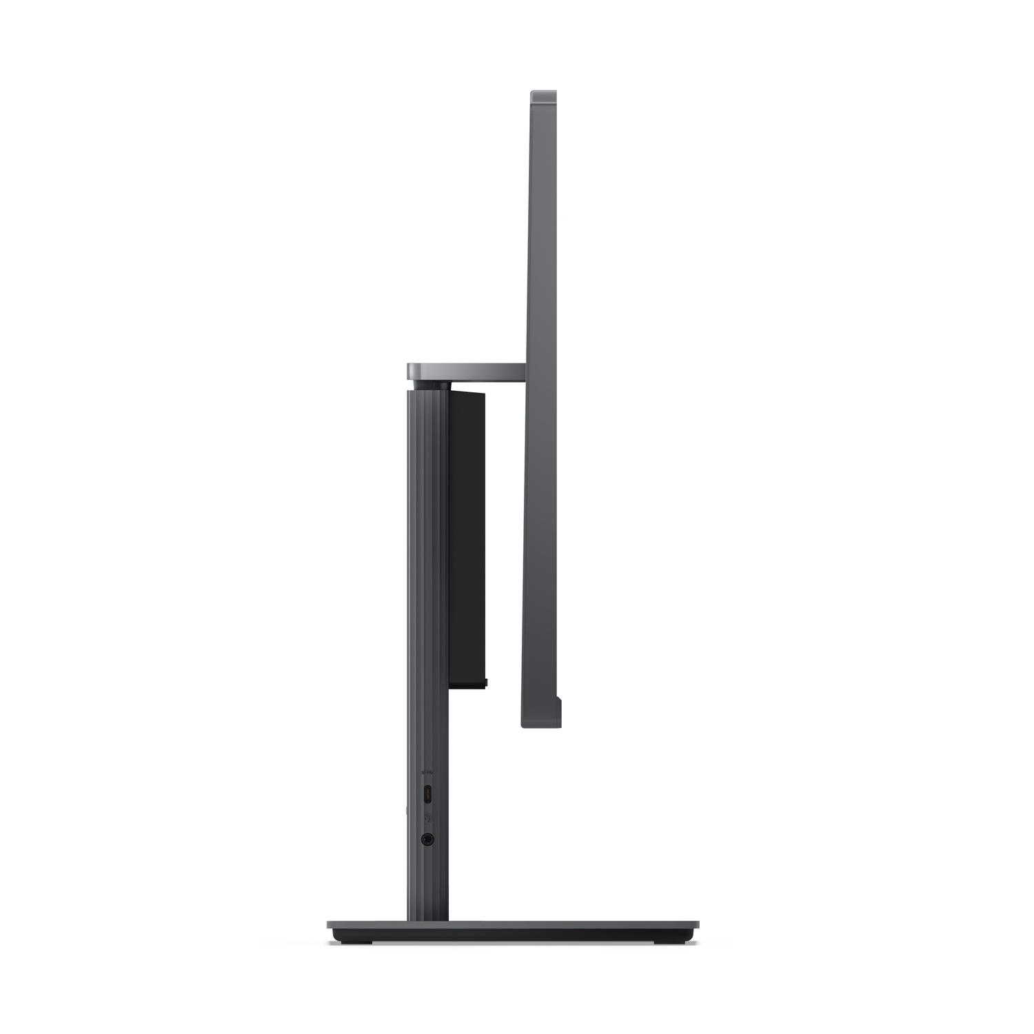 Side view of a dark gray monitor. It has a square base and a rectangular screen.