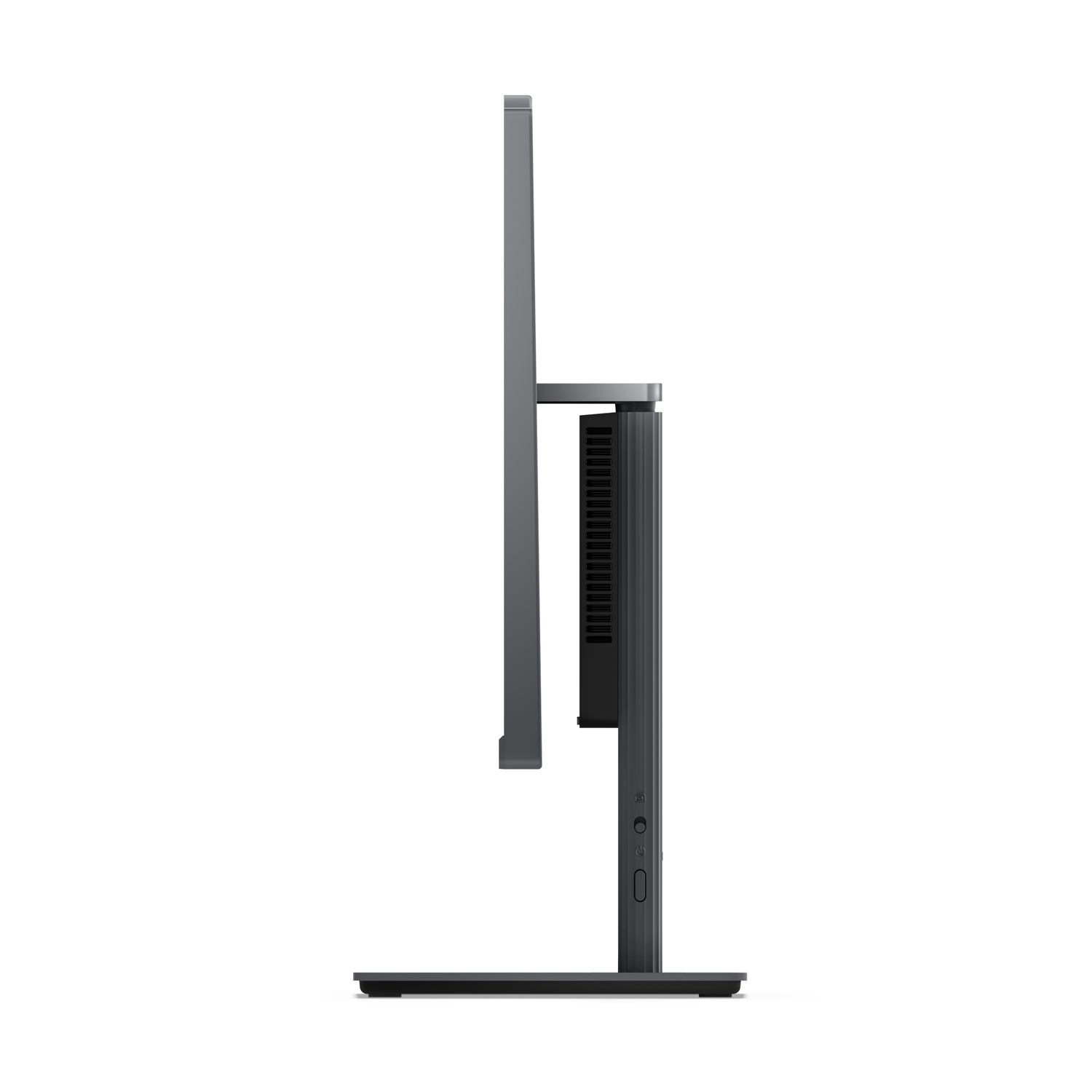 Side view of a dark gray monitor. It has a square base and a rectangular screen.