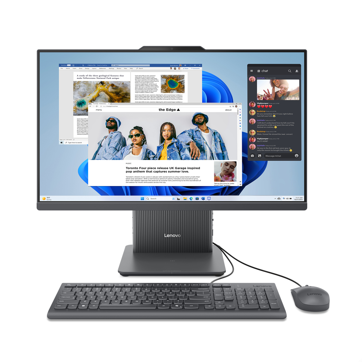 A dark gray monitor with keyboard and mouse. The screen displays websites and chat windows.