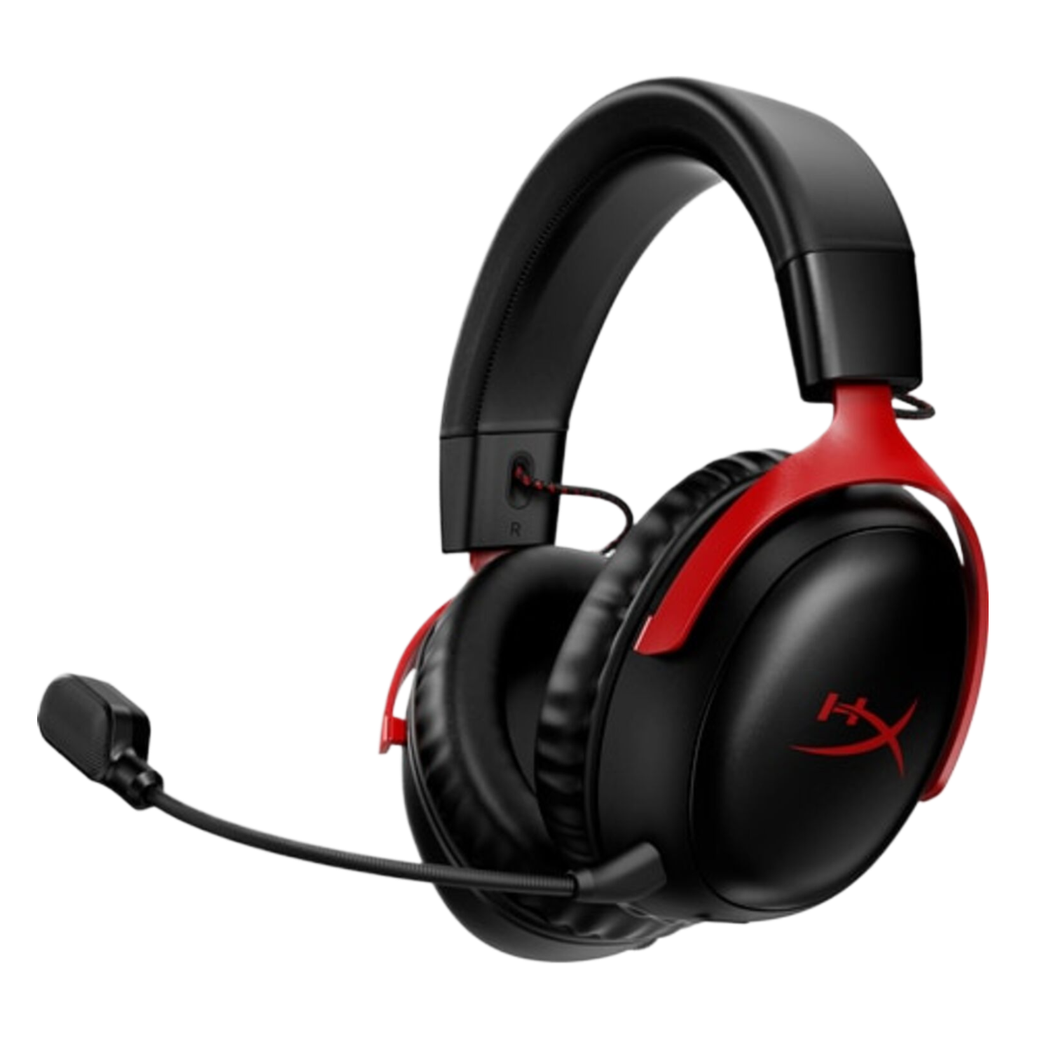 Zwarte en rode gaming headset, met een microfoon. HyperX logo aanwezig.