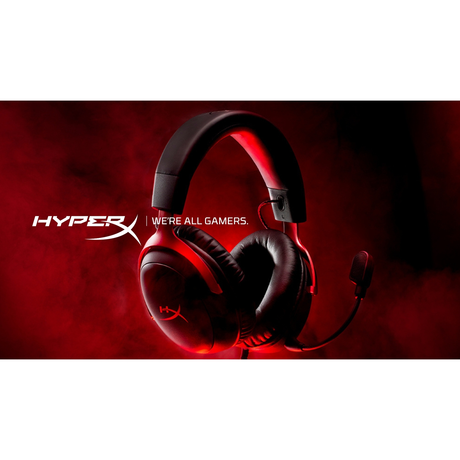 Zwarte en rode gaming headset met microfoon, rode achtergrond.