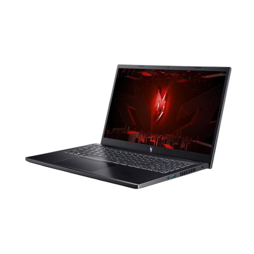 Portátil negro, pantalla roja con logo, fondo oscuro.