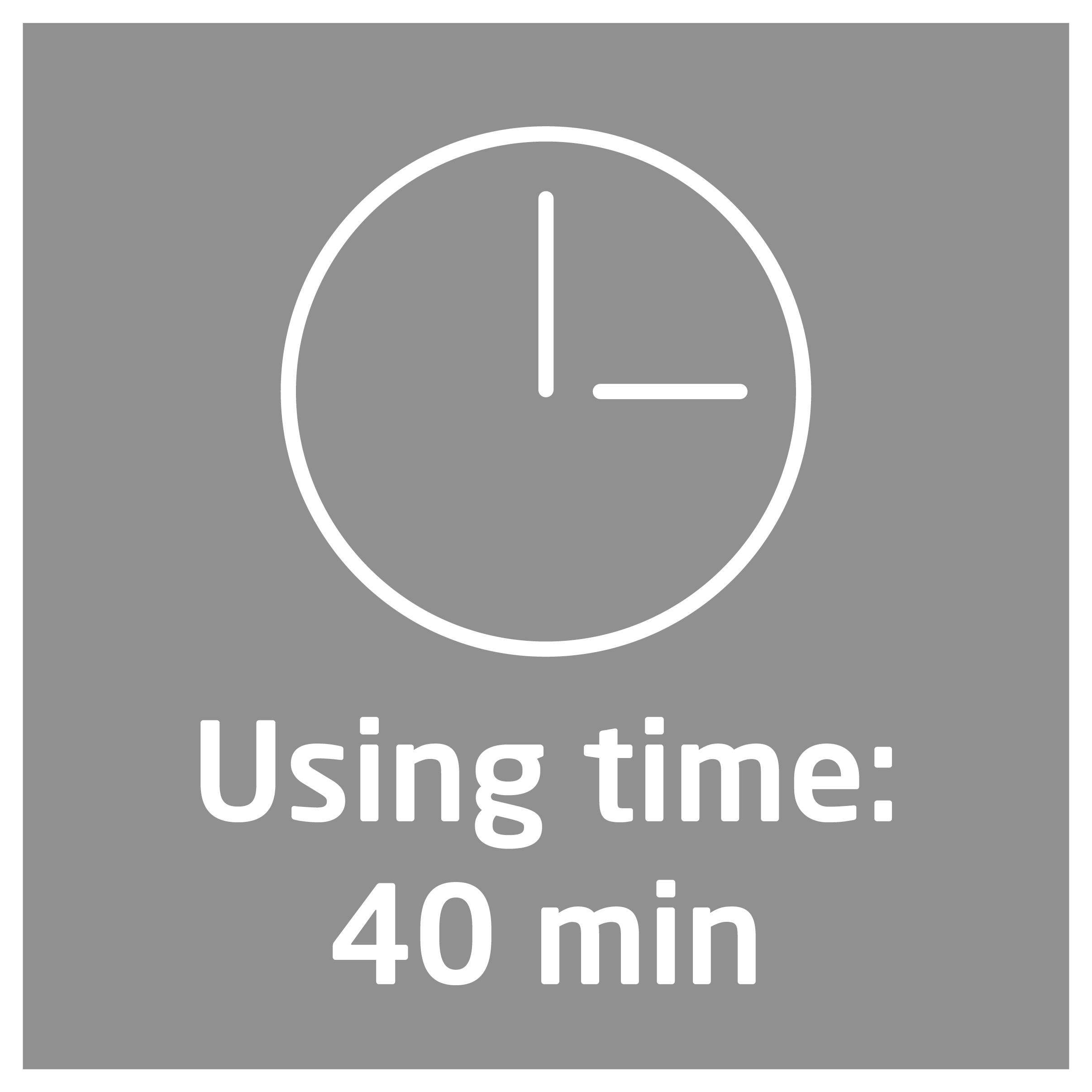 Uhr-Icon mit 1:40, Text 'Nutzungszeit: 40 Min'.