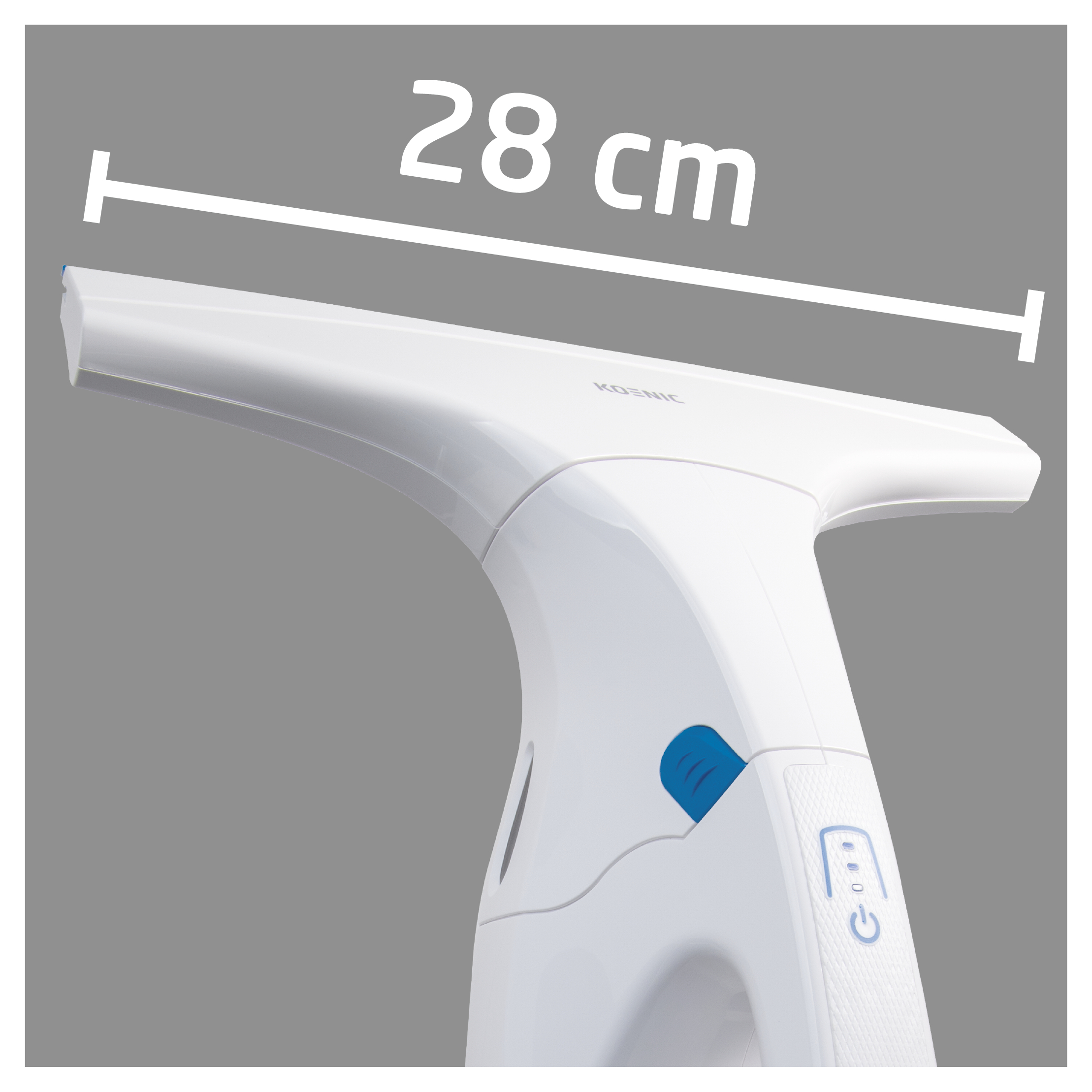 Weißer Fensterreiniger mit 28 cm Messung auf grauem Grund.