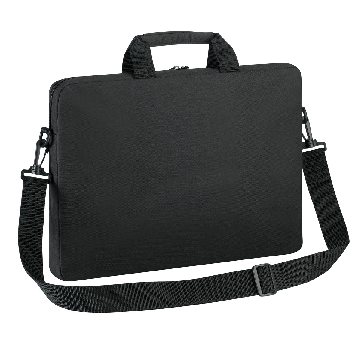 Bolsa negra para portátil con asa, correa para el hombro y cremalleras.