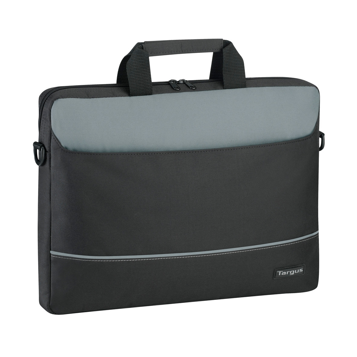 Bolsa para portátil negra y gris con asa, cremalleras y logo.