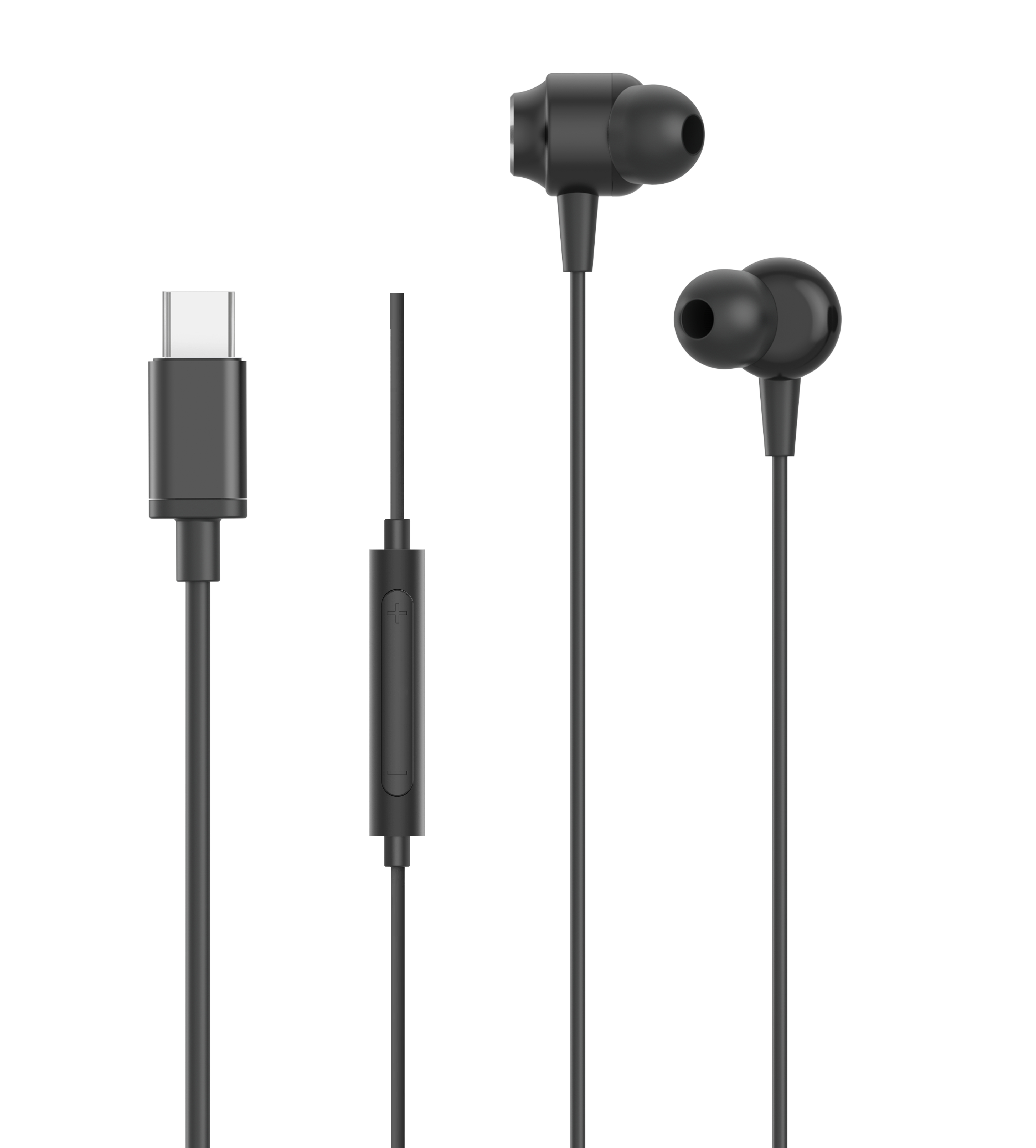 Schwarze USB-C-Ohrhörer mit Steuermodul und USB-C-Anschluss, auf Weiß.
