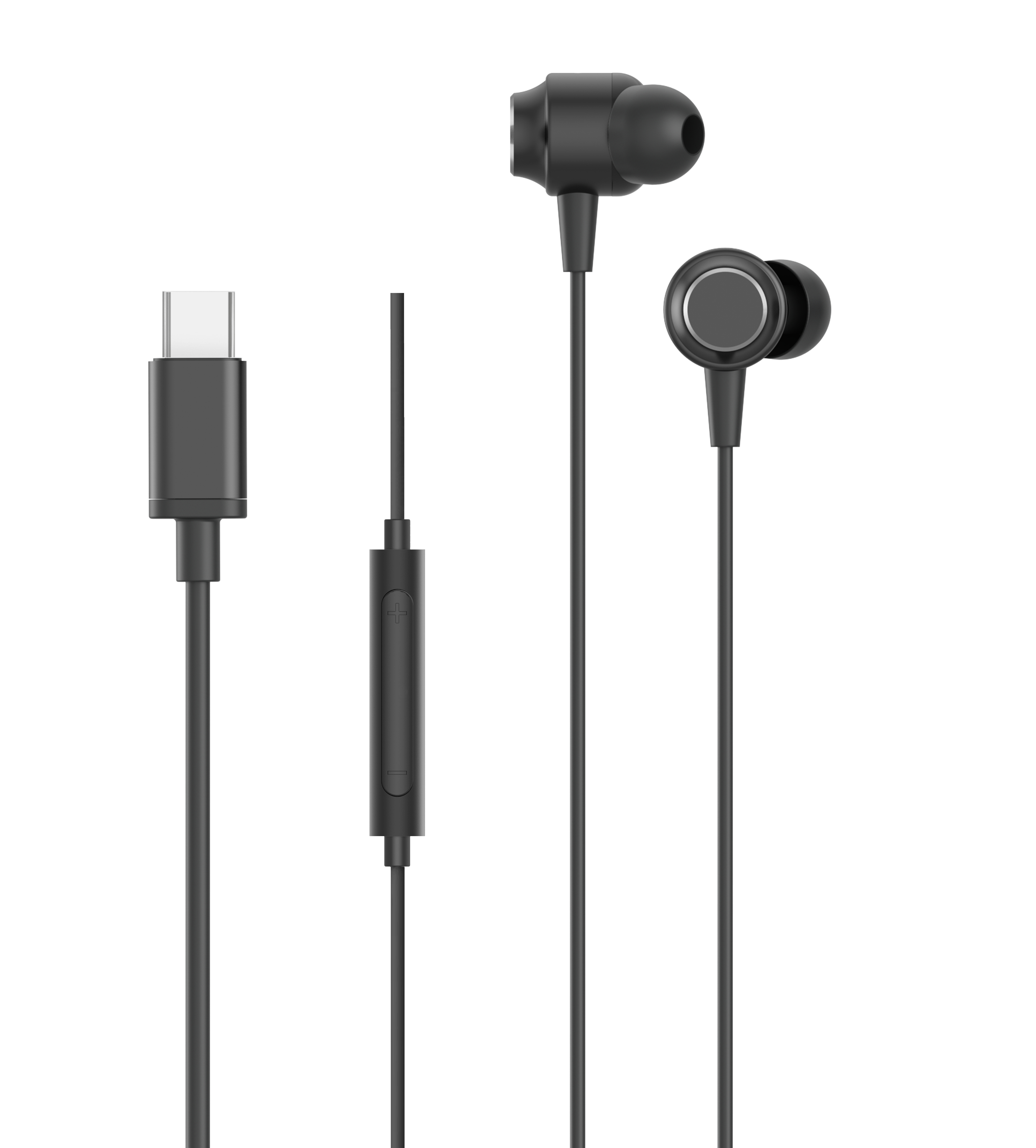 Schwarze USB-C-Ohrhörer mit Steuermodul und USB-C-Anschluss, auf Weiß.