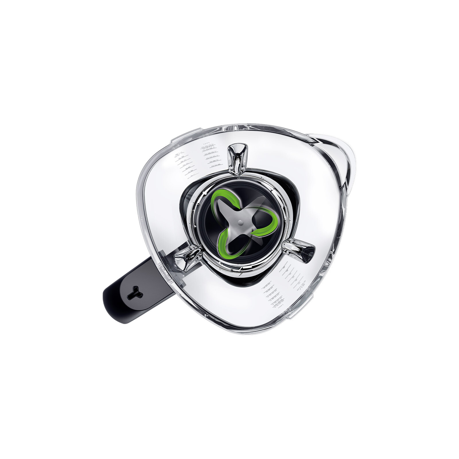 Top view of a blender, showing a transparent container with a green blade.