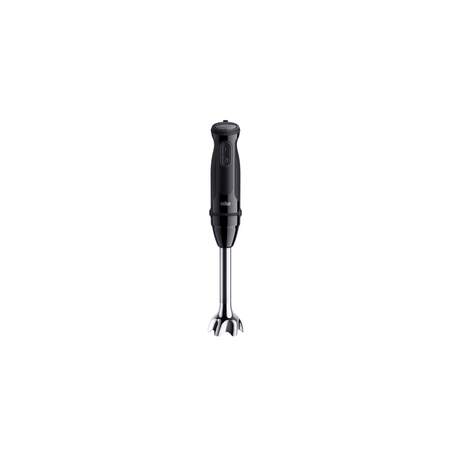 A black hand blender on a white background.