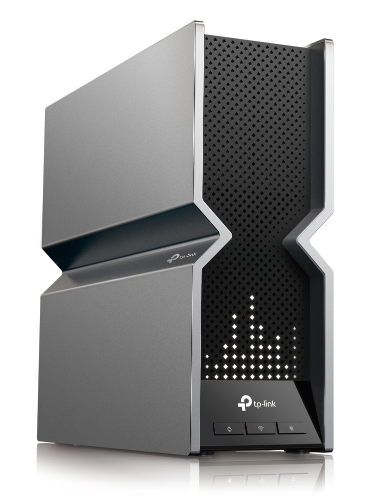 Szary i czarny router z zygzakowatym designem. Ma logo tp-link. Tło jest białe.